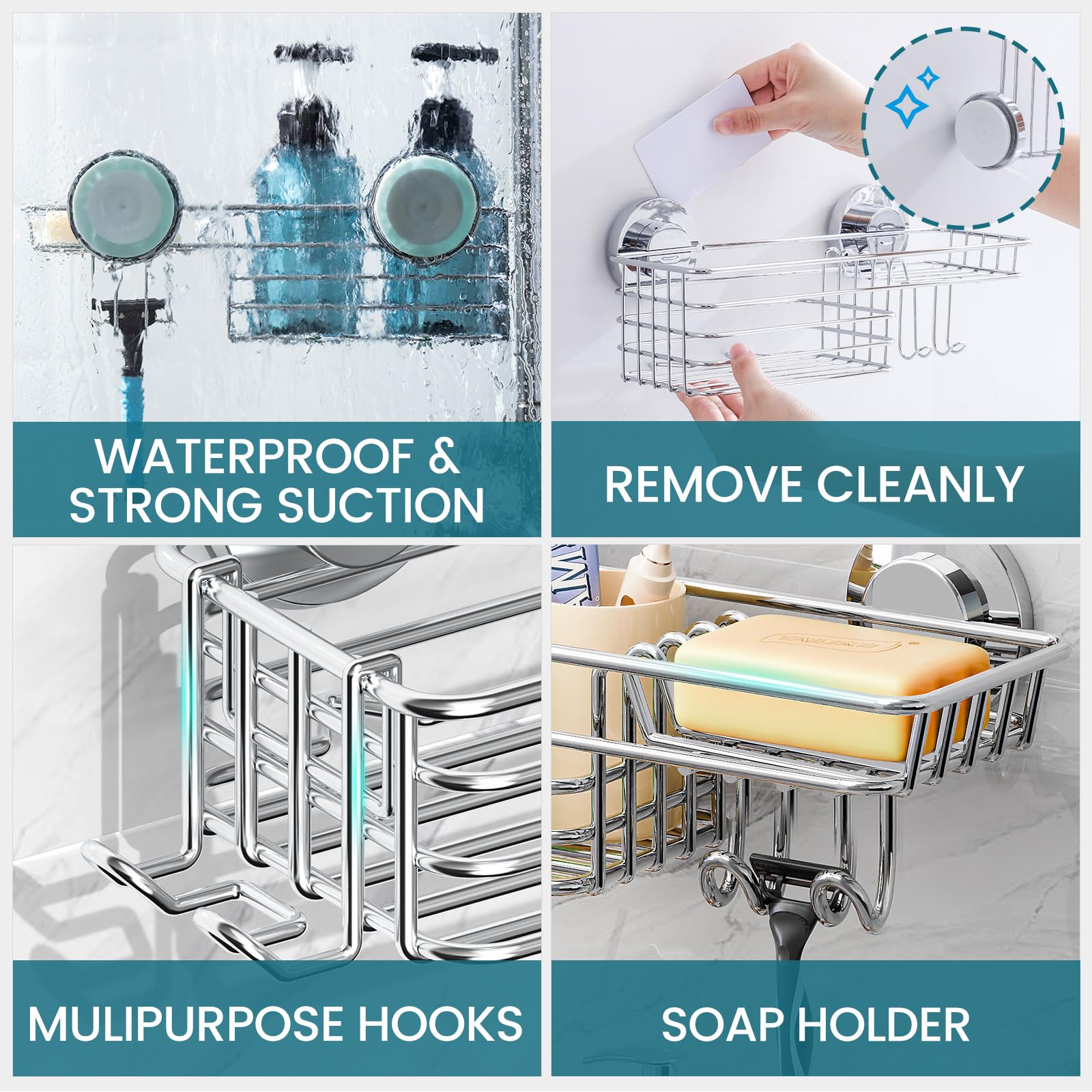 TAILI rustproof stainless-steel caddy with hollow-out design promotes quick drying.