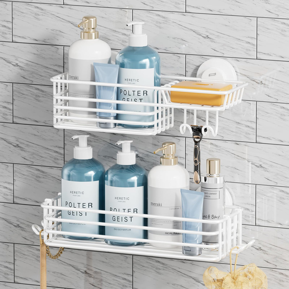 TAILI Shower Caddy wall attachment keeps shampoo within easy reach.