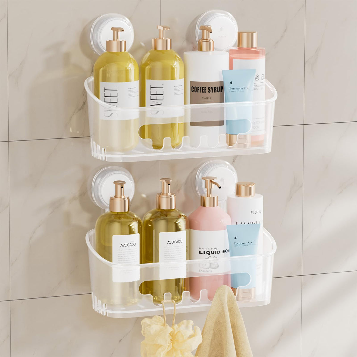 Taili shower caddy with suction baskets keeps shampoos organized on smooth surfaces.
