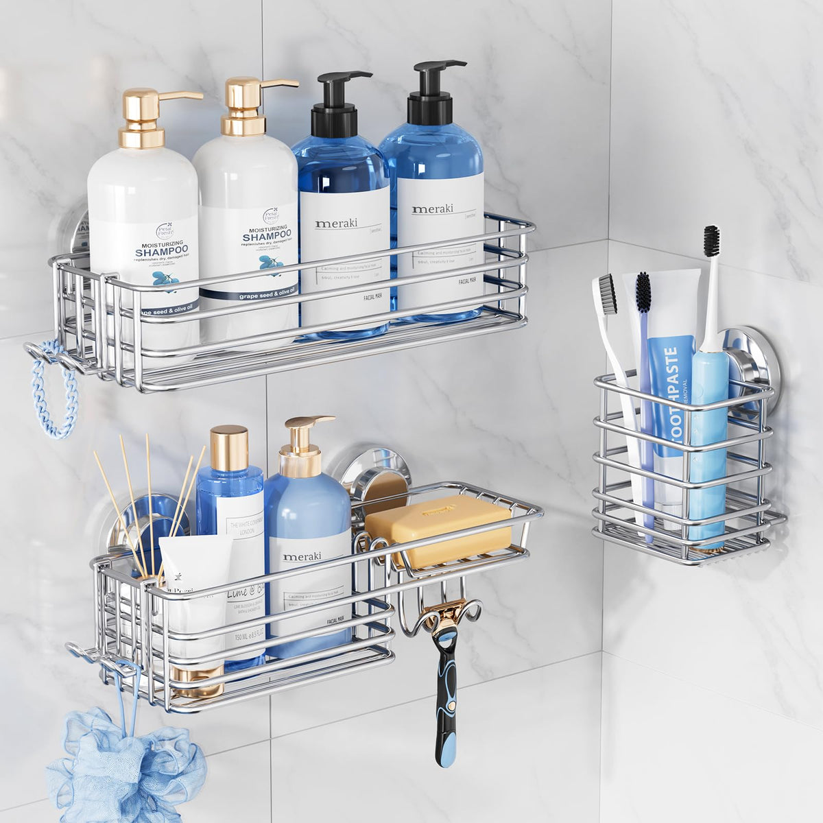 TAILI shower caddy three-pack inside shower keeps bottles organized and reachable