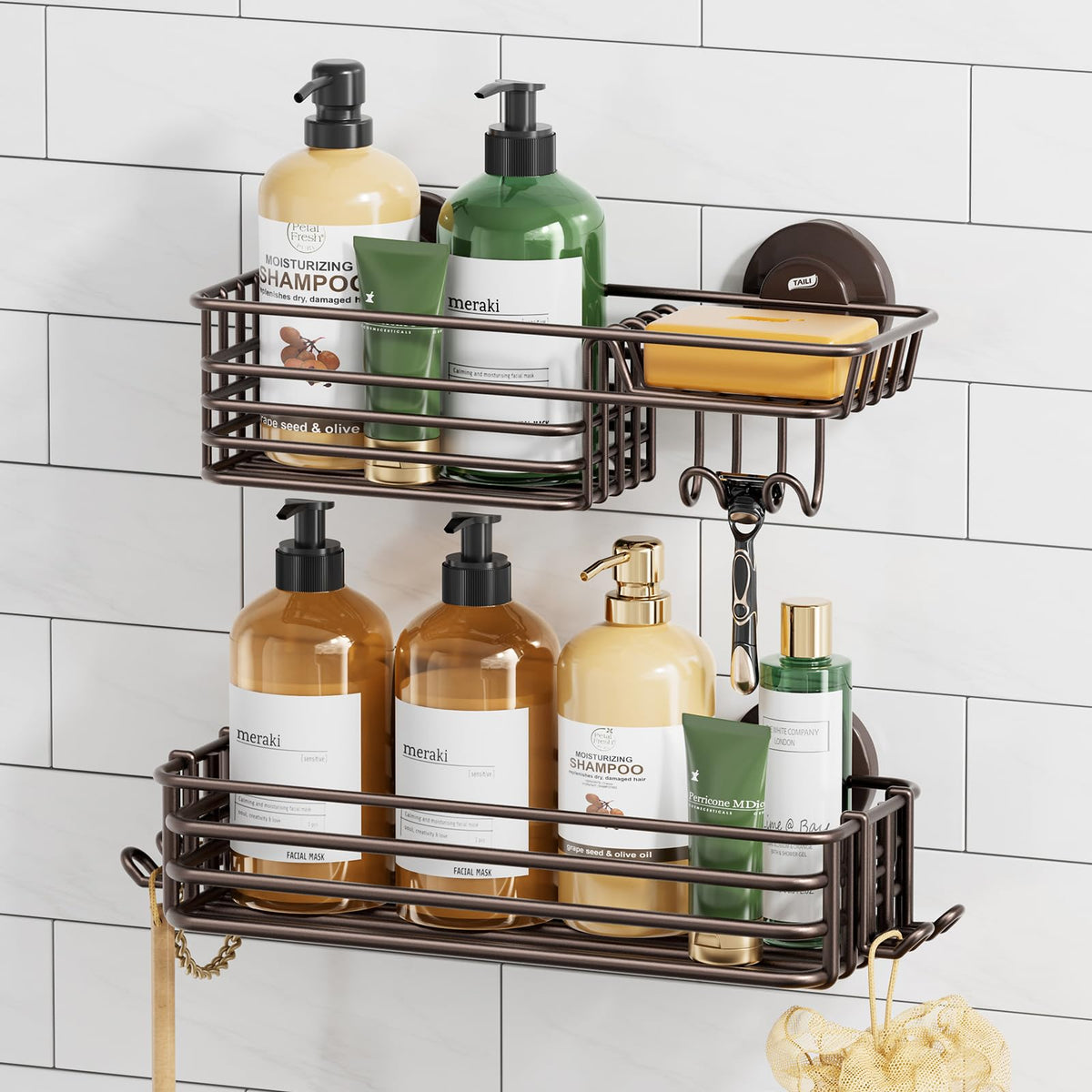 TAILI shower caddy with suction cups two-pack, easy installation for organized bathroom storage.