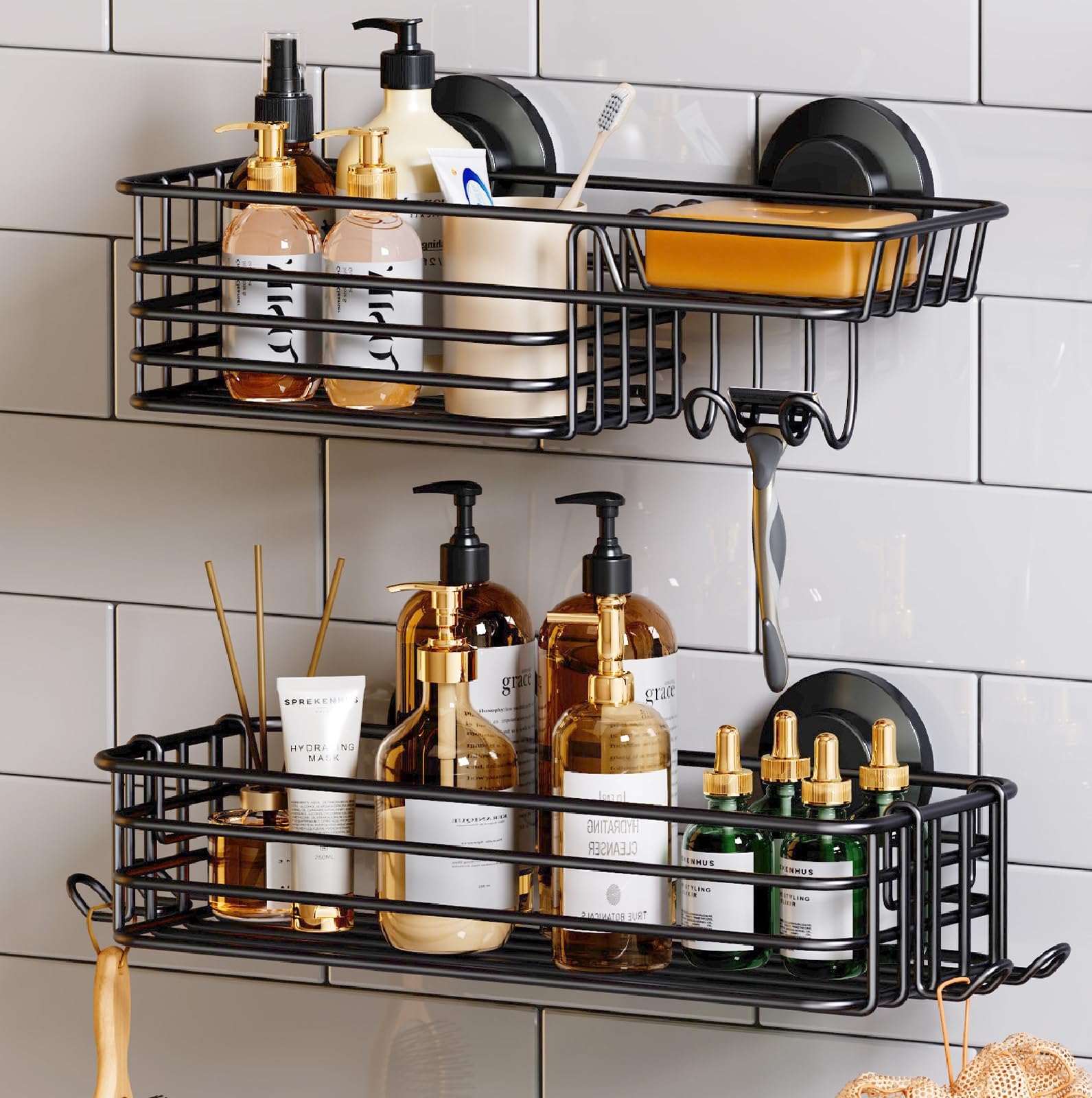 TAILI shower caddy with suction cups secures bottles in tight spaces.