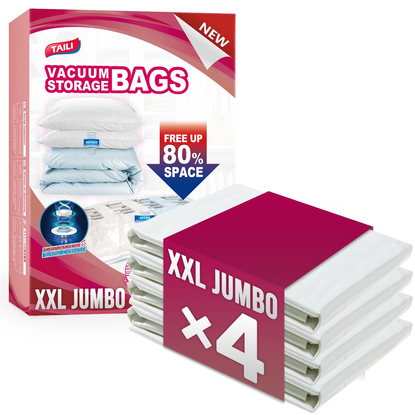 TAILI four-pack vacuum bags packshot showing bedding before compression for space-saving organization