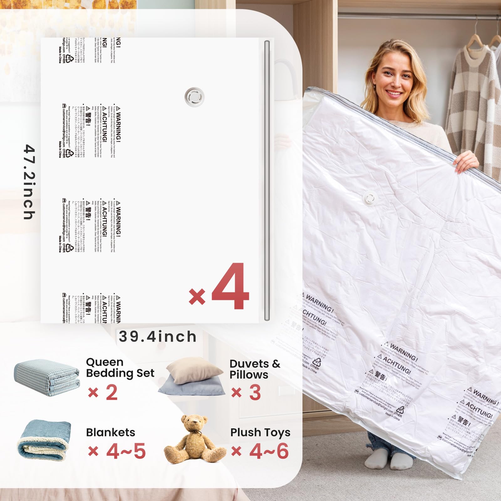 TAILI vacuum bag demonstrates space-saving effect in closet with organized shelves
