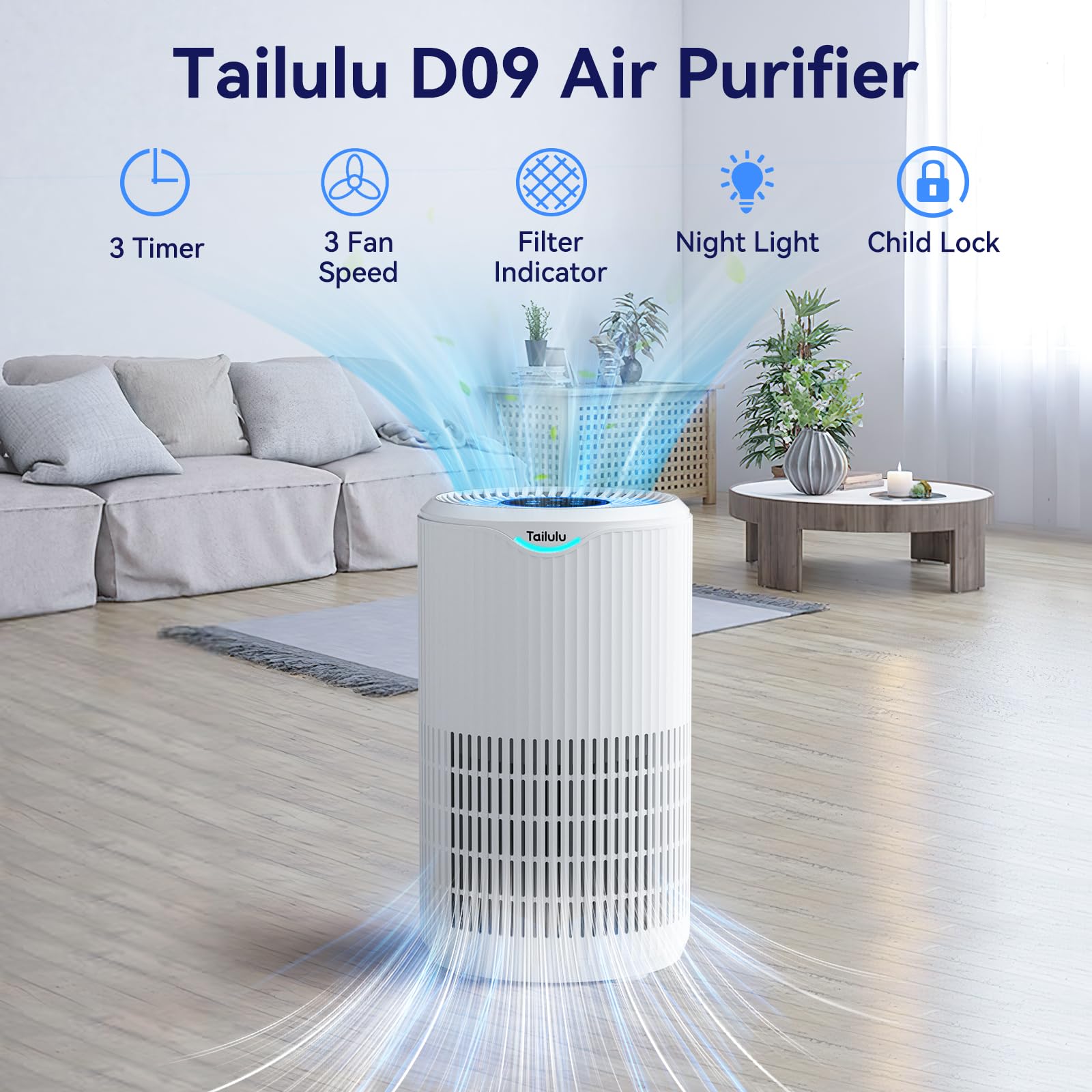 Tailulu air purifier H13 True HEPA filter captures fine particles