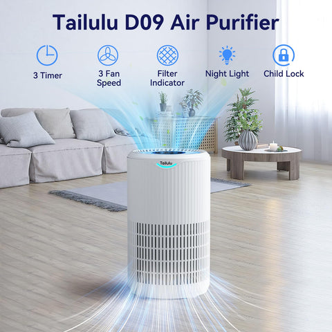 Tailulu air purifier H13 True HEPA filter captures fine particles