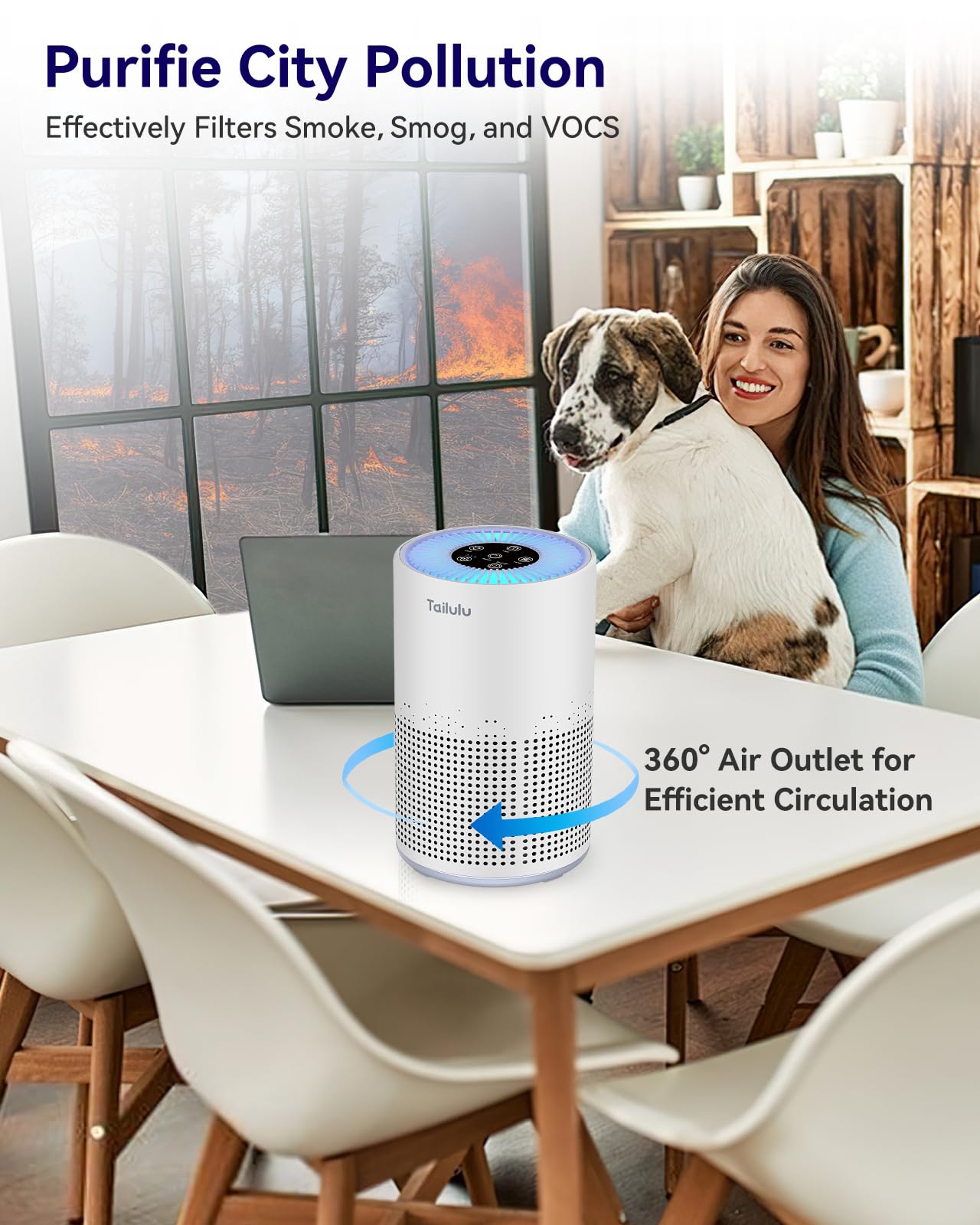 Tailulu AP050 360-degree air intake shown for full-room purification.