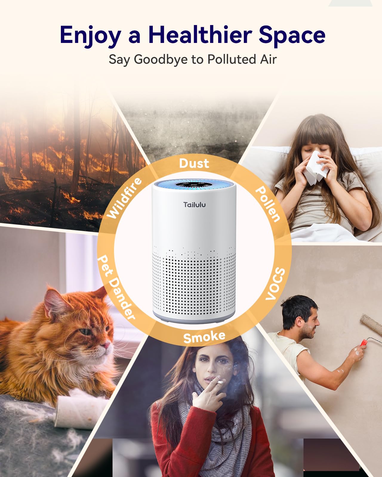 Tailulu AP050 night light option adds soft illumination during bedtime routines.