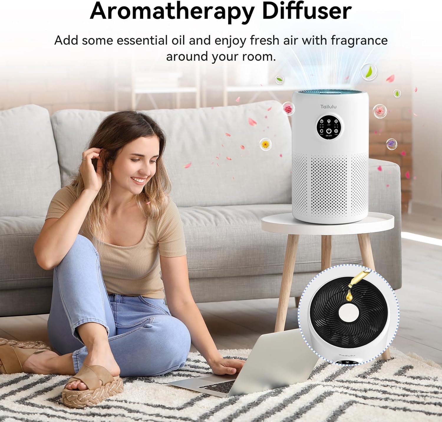 Tailulu Aroma diffuser attachment enabling gentle fragrance during purification.