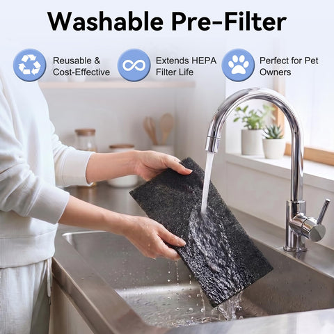 Tailulu Washable pre-filter close-up emphasizing easy maintenance and cost savings.