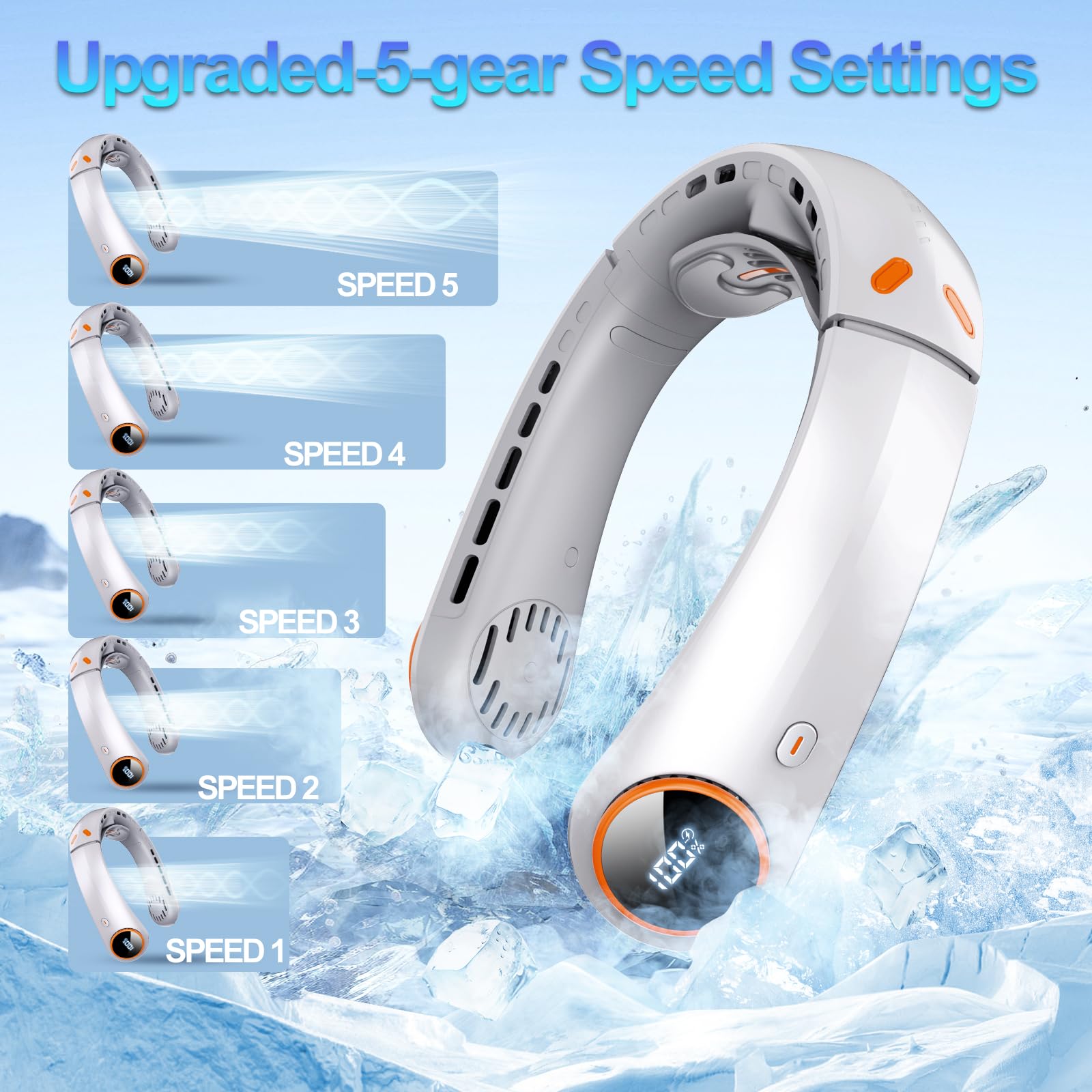 Taiofan neck fan LED display close-up showing battery and speed readout