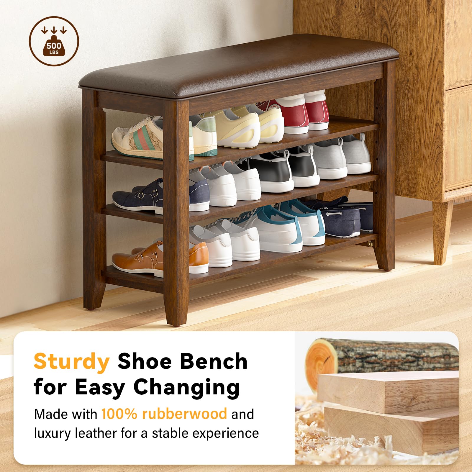 Taitiy adjustable removable shelves configure space for multiple shoe sizes.