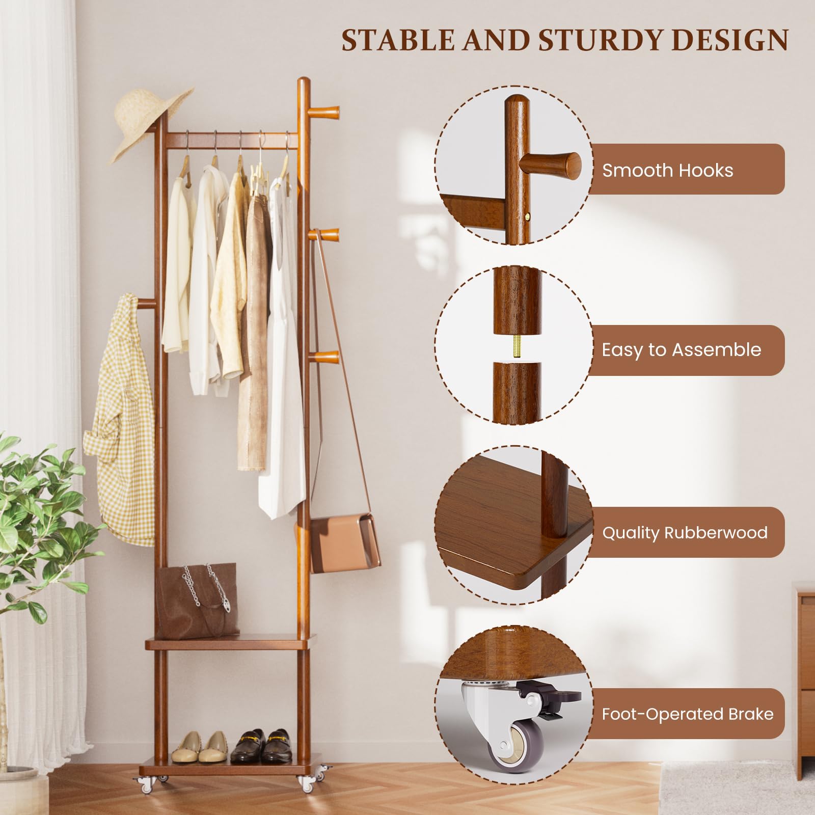 Taitiy coat rack assembles quickly with included tools in minutes.