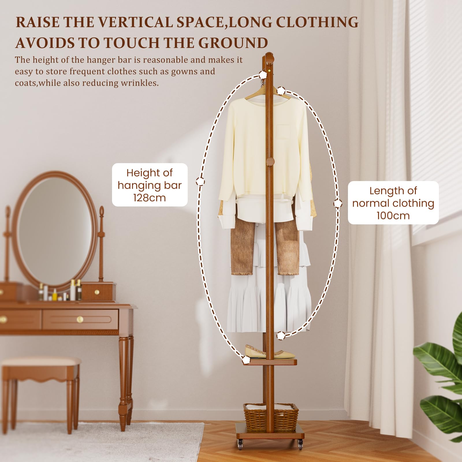 Taitiy freestanding coat rack fits corners without wall mounting.