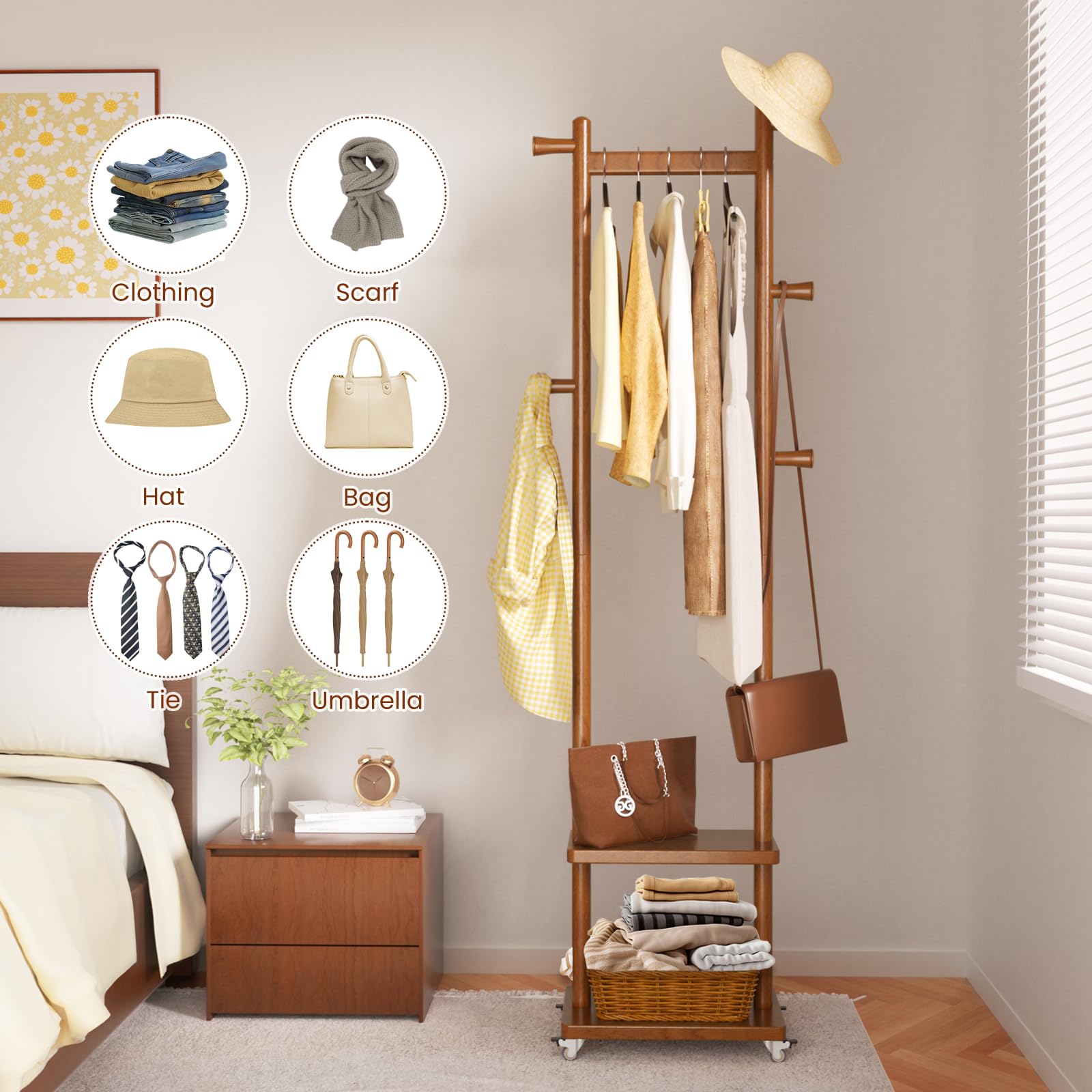 Taitiy coat rack with hidden 360° wheels for easy mobility.