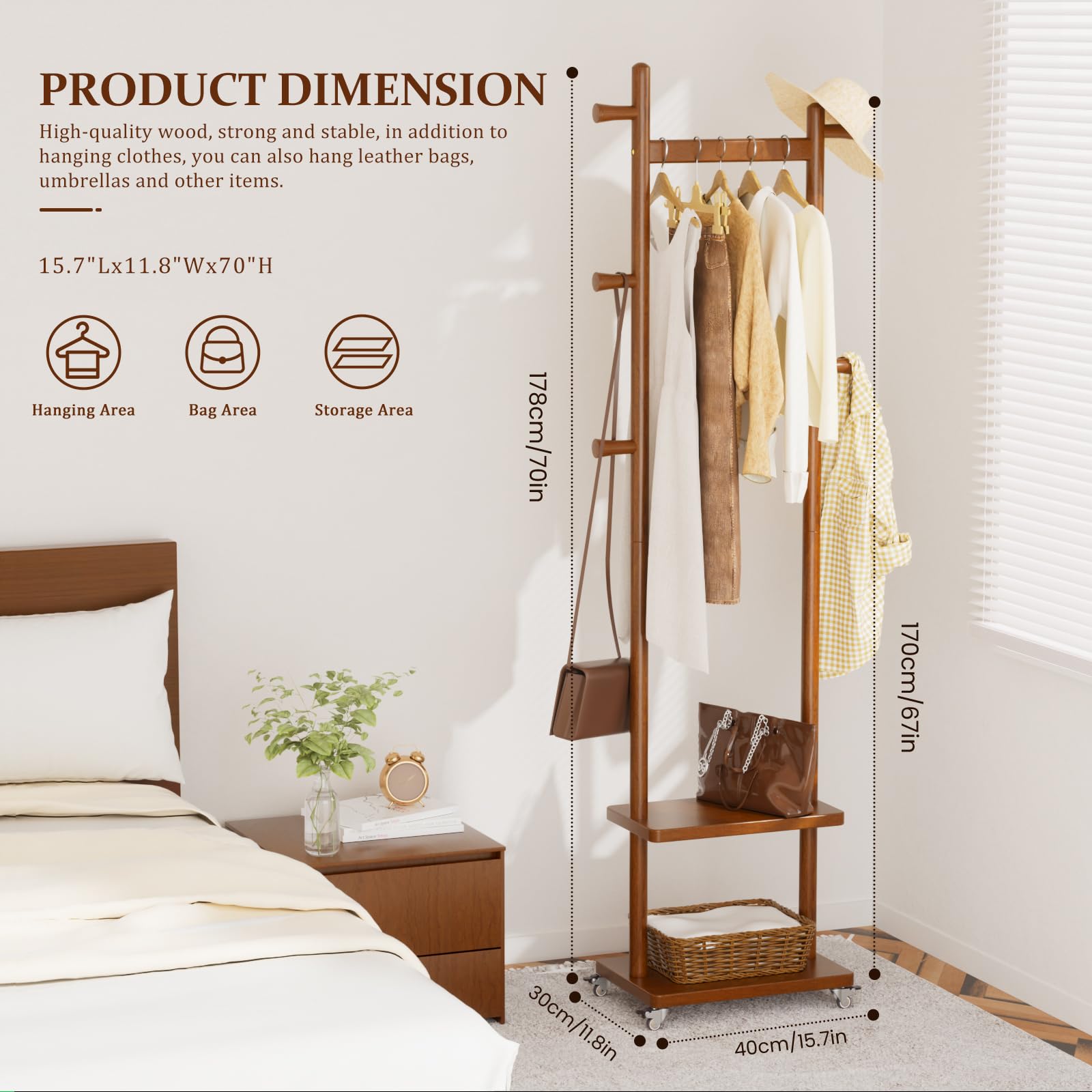 Taitiy coat rack showing two shelves and five hooks for organized storage.