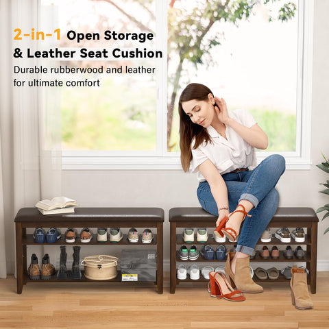 Taitiy rubberwood side view shows three adjustable shelves for storage.