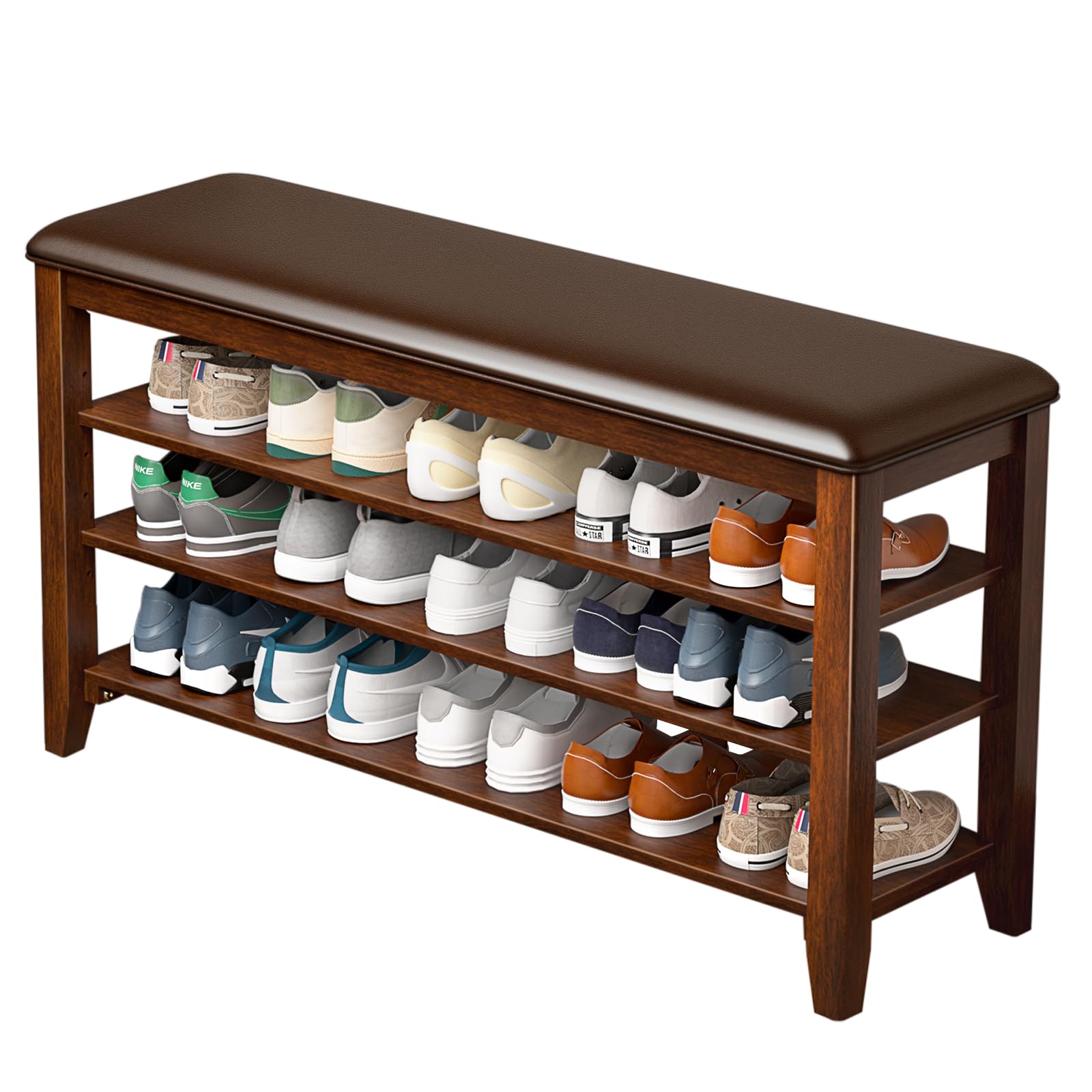 Taitiy shoe rack bench in entryway with leather cushion provides a cozy seating spot.
