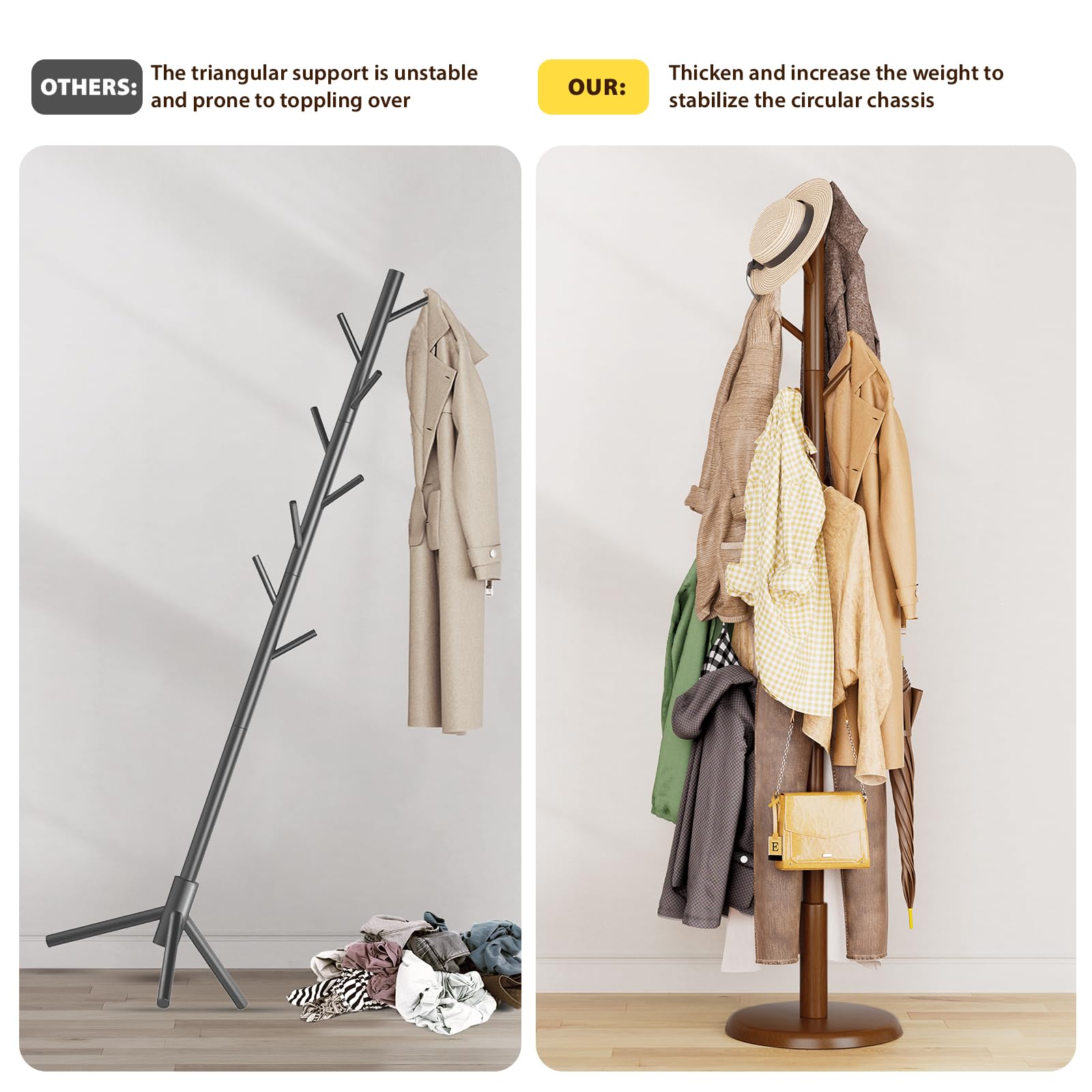 Taitiy coat rack angled-hooks image shows six 45-degree hooks preventing slips
