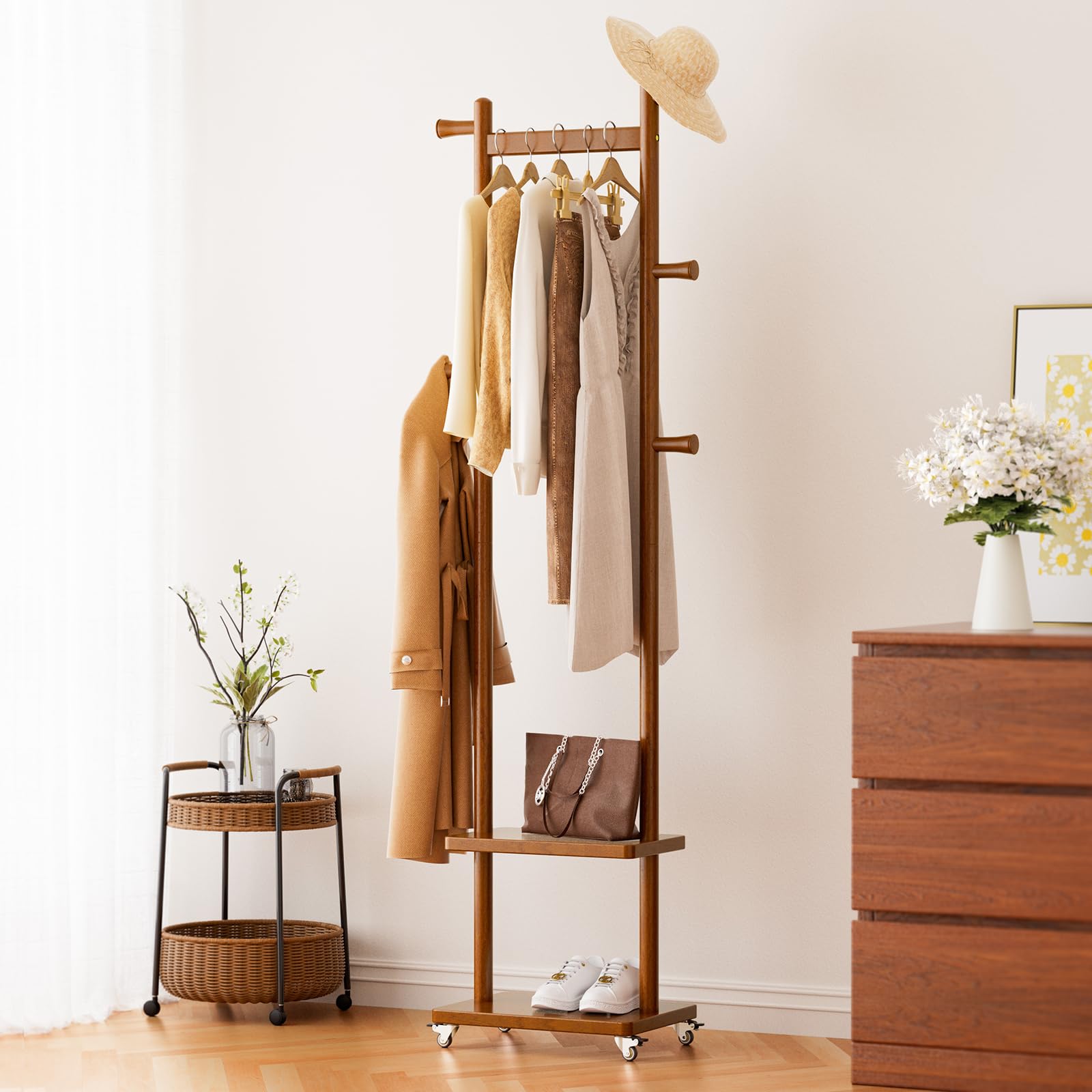 Taitiy solid wood coat rack base with widened footprint for stability.
