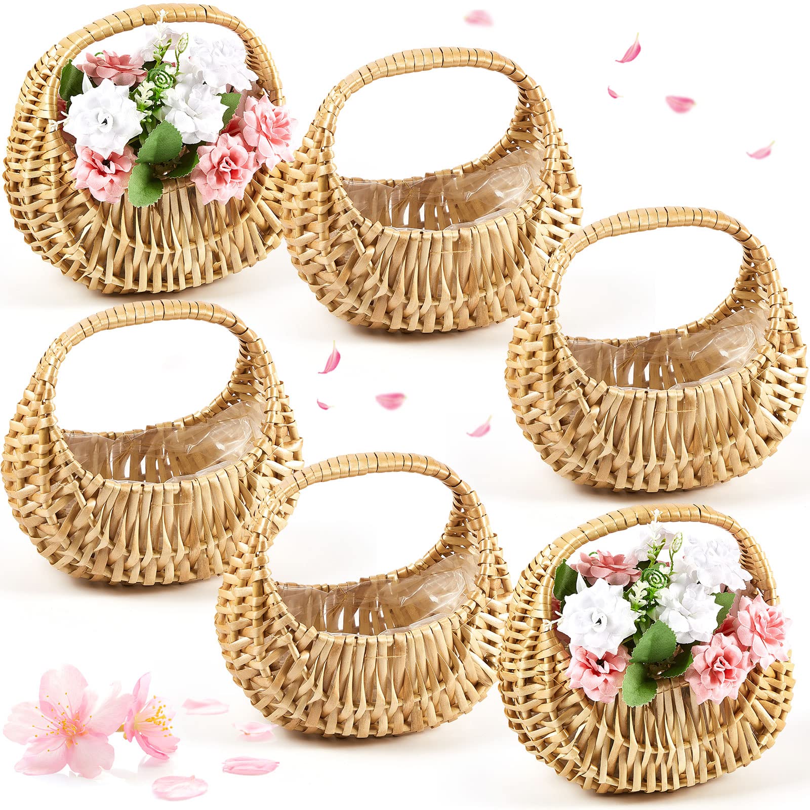 Taiyin 6-pack rattan flower girl basket, half-moon with handle, ideal for wedding decor.