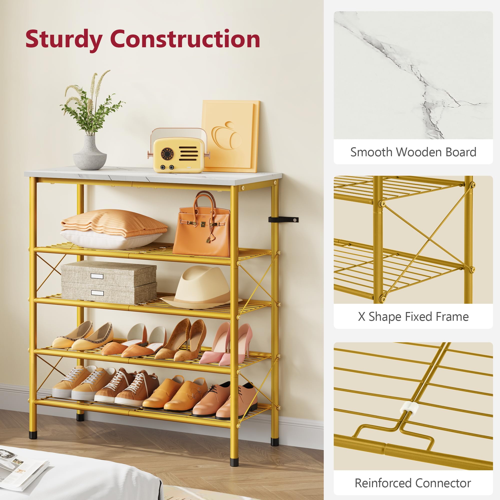 Tajsoon 5-Tier Shoe Rack mesh shelves offer airflow and visibility.