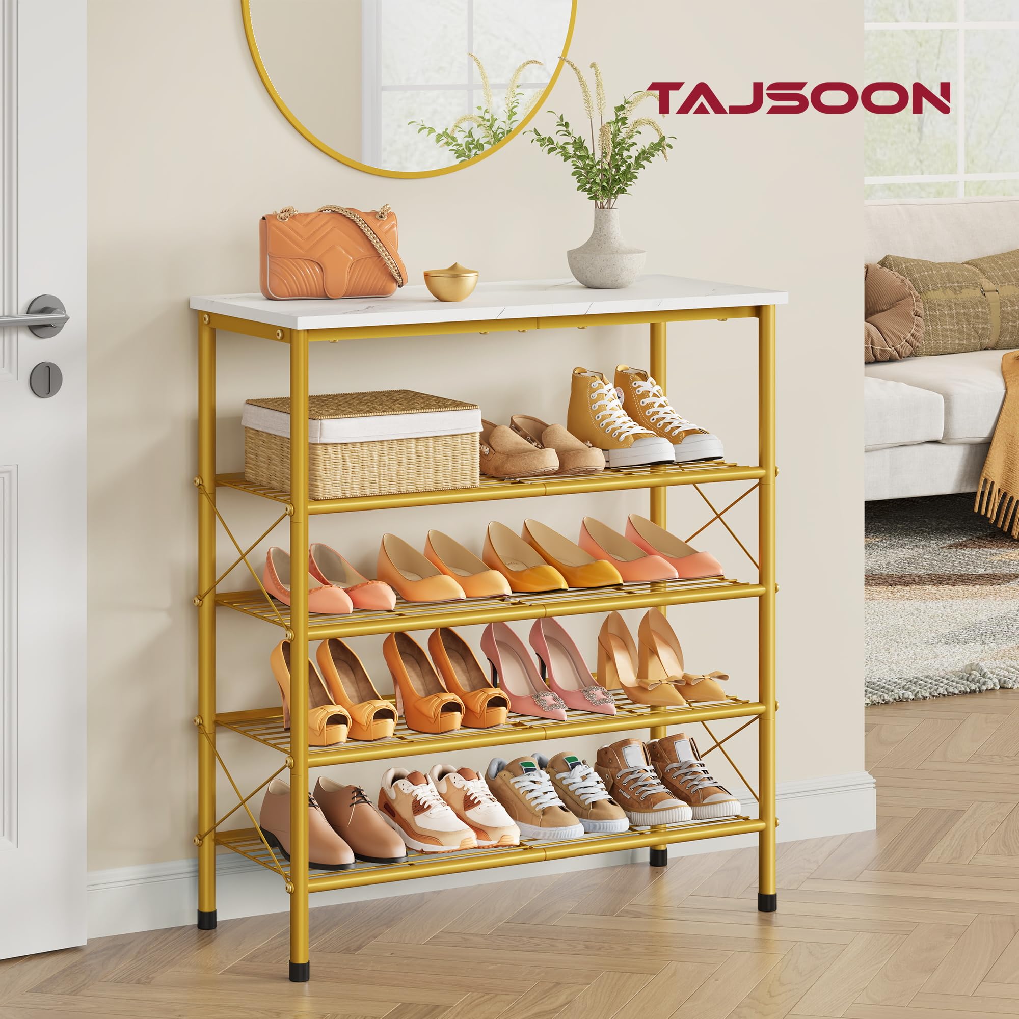 Tajsoon 5-Tier Shoe Rack side frame highlights stability with X-shaped supports.