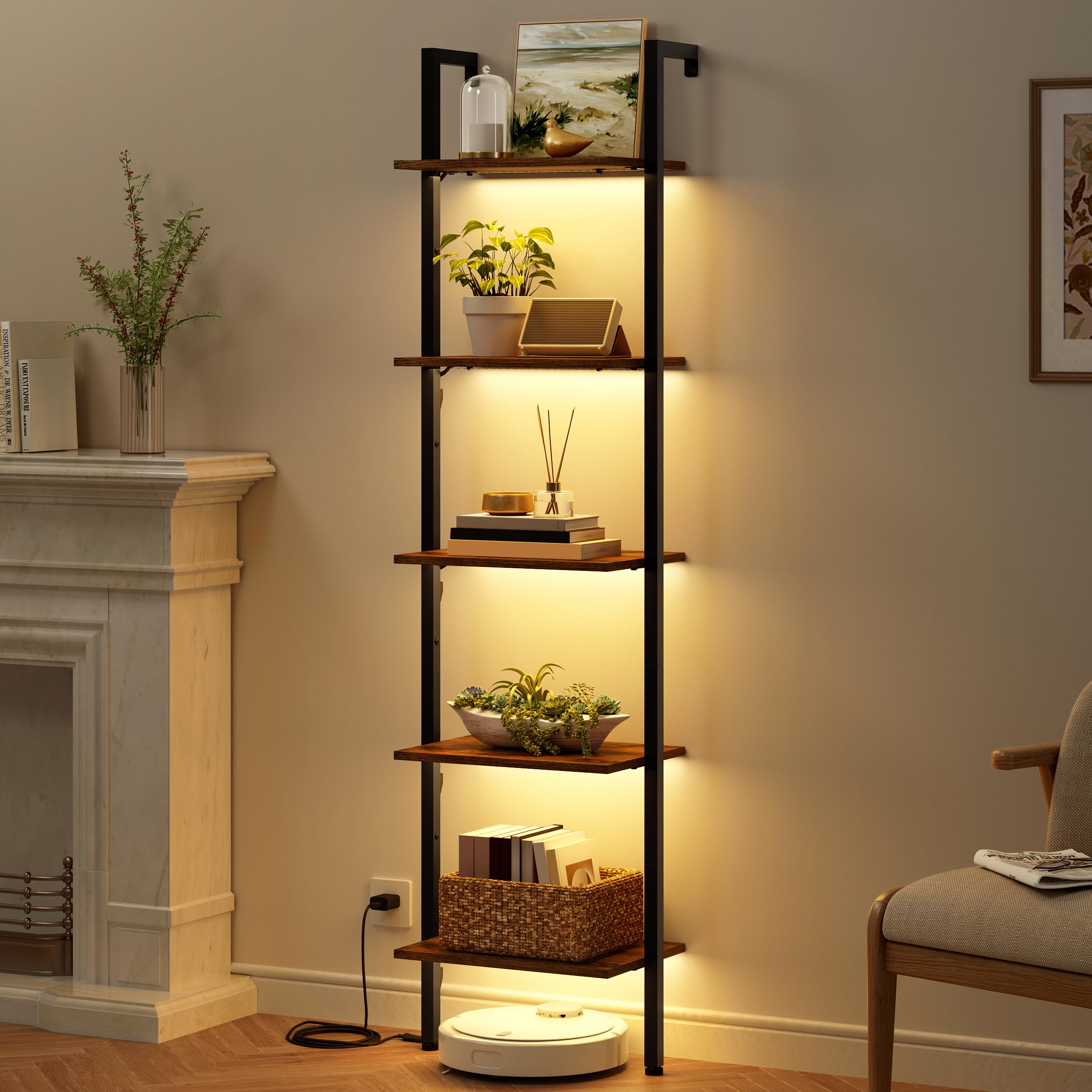 Tajsoon 5-Tier Ladder Shelf with LED light in living room setup.