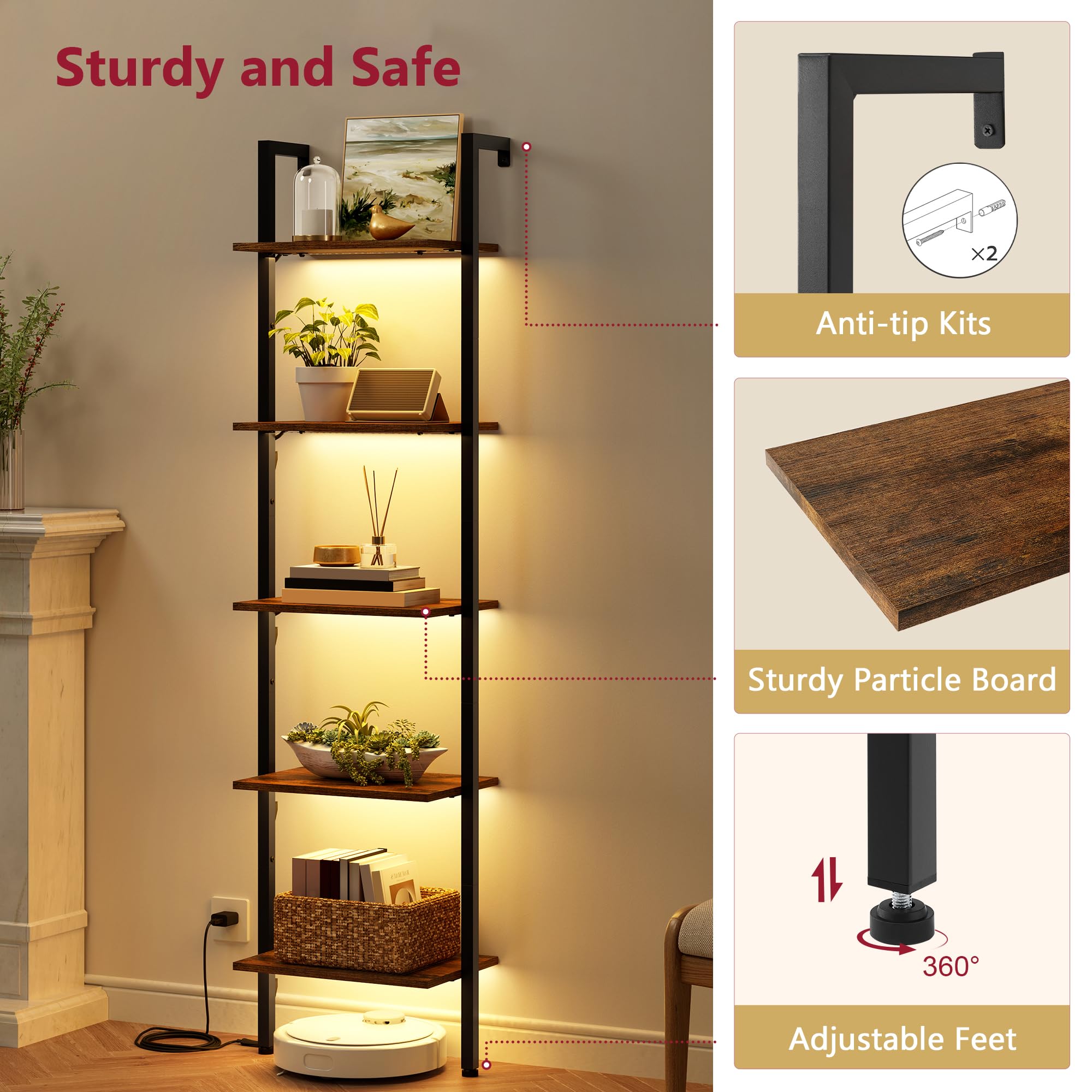 Tajsoon ladder shelf shelves with durable chipboard panels.