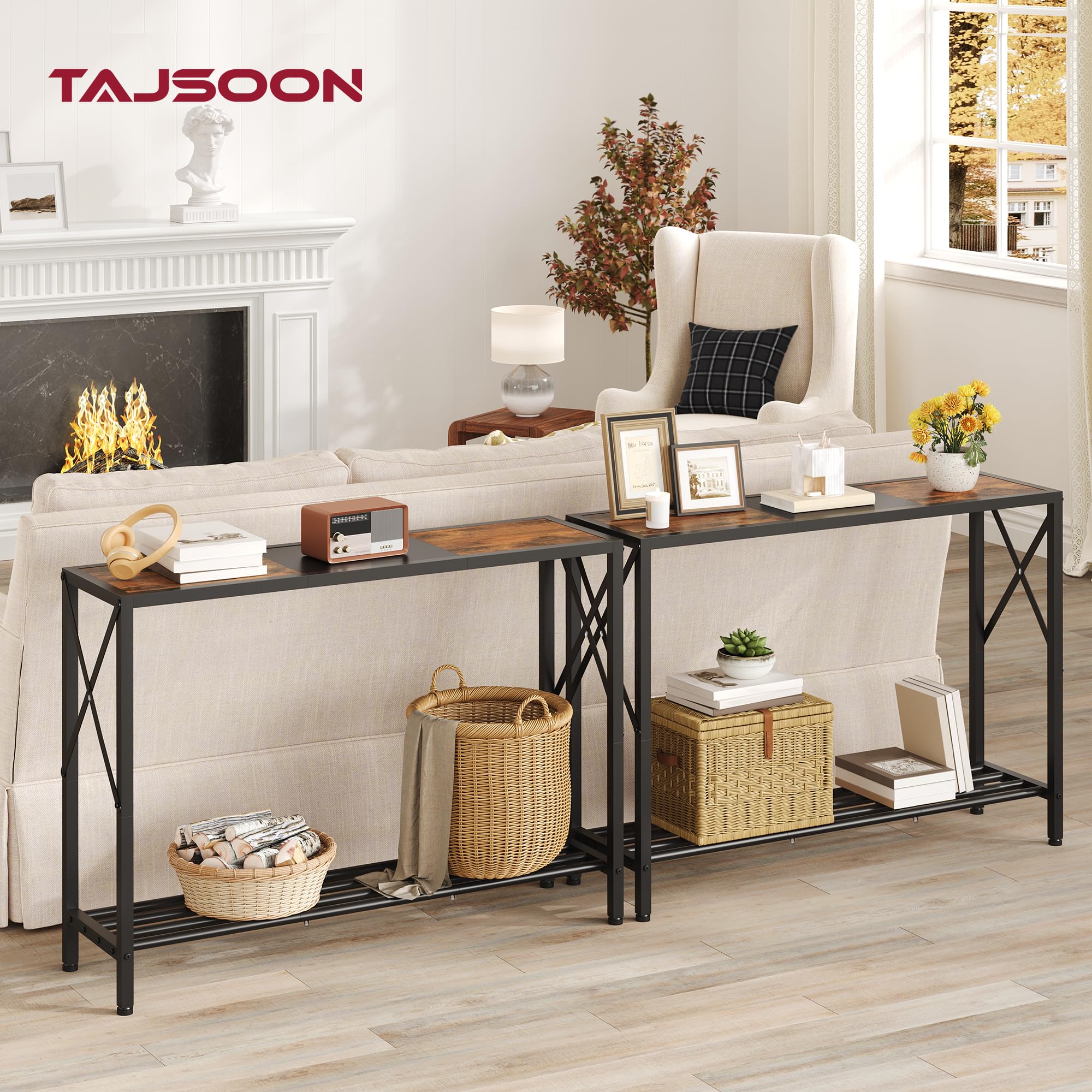 Tajsoon two-tier industrial entryway elevates organization with open shelves.