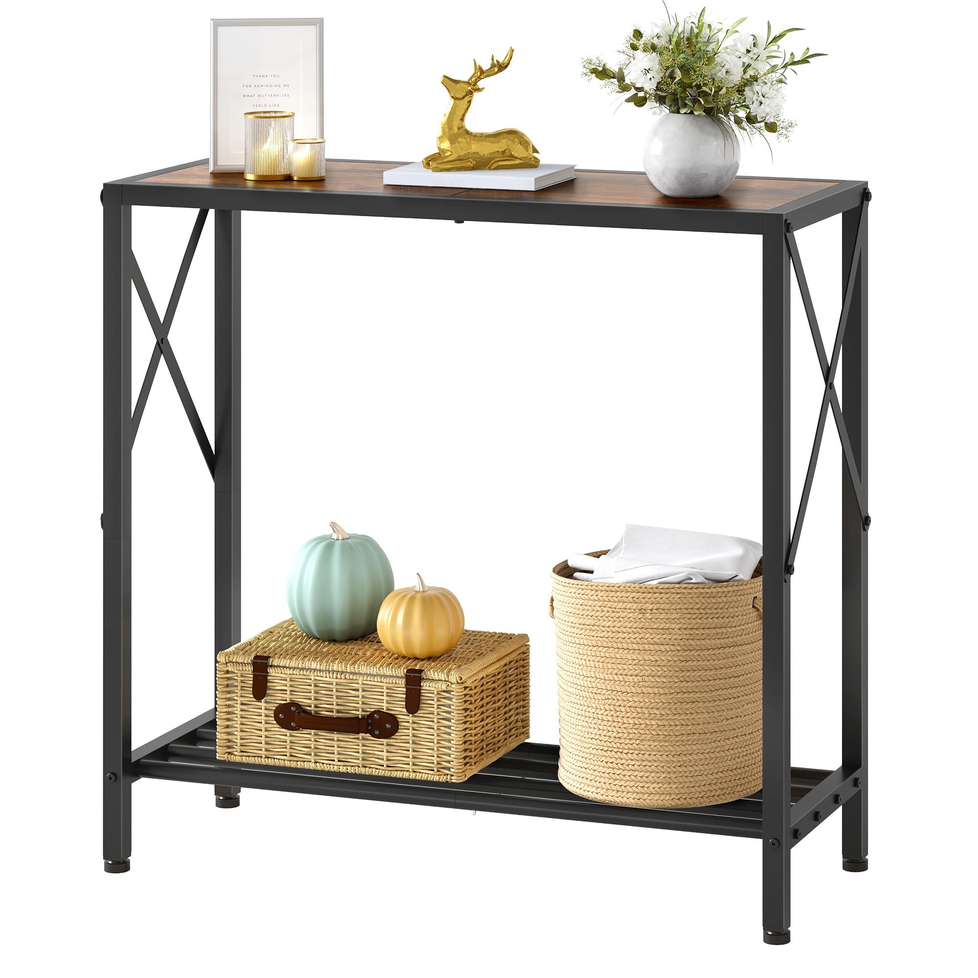 Tajsoon console table with rustic brown wood and black frame in entryways