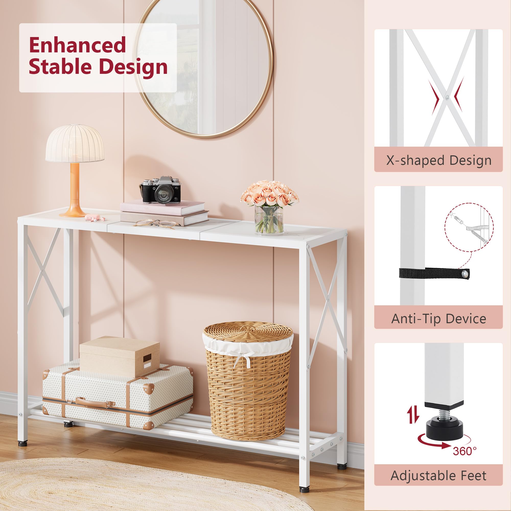 Tajsoon console table with X-frame stability on varied floor surfaces.