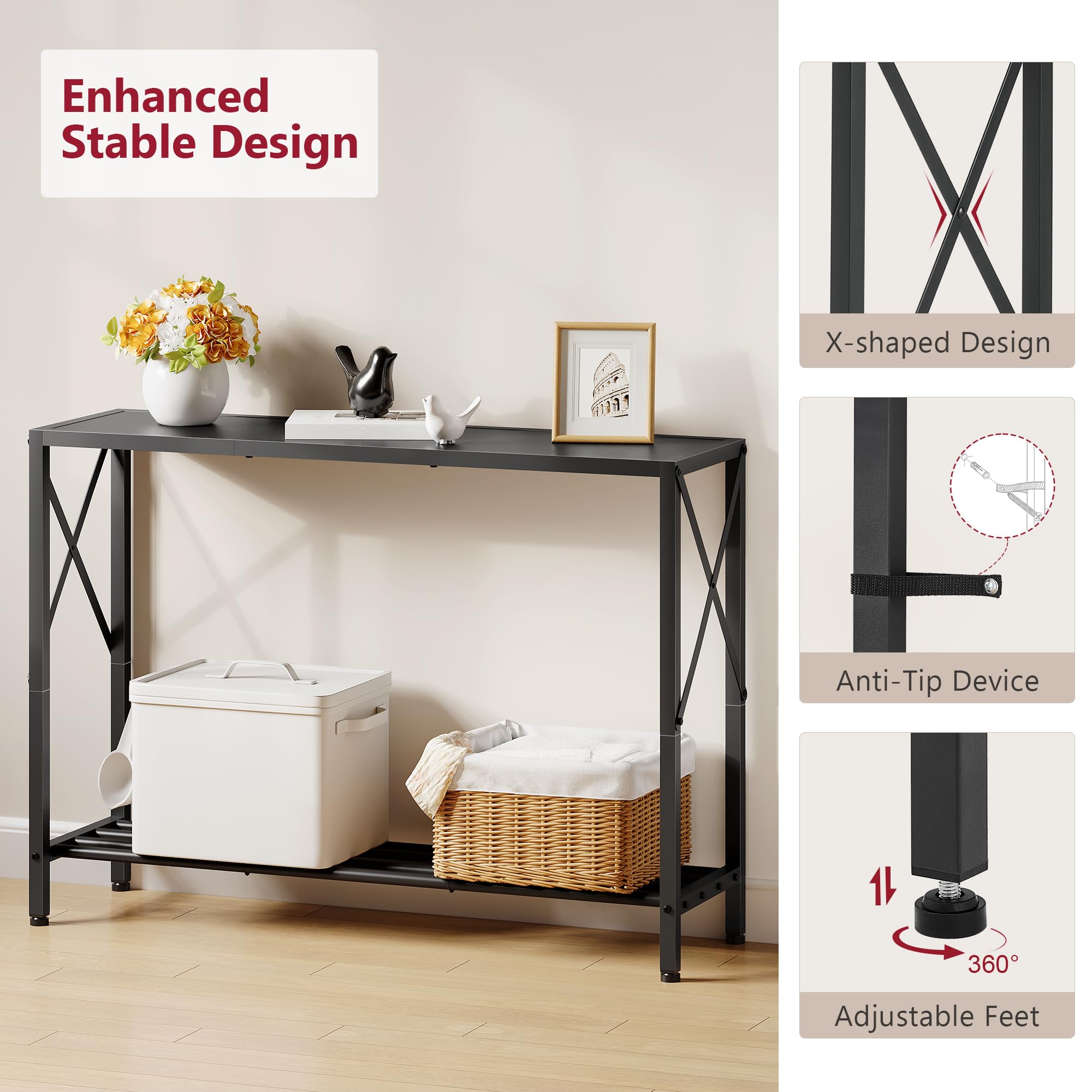 Tajsoon console table assembly steps demonstrate quick setup with labeled parts