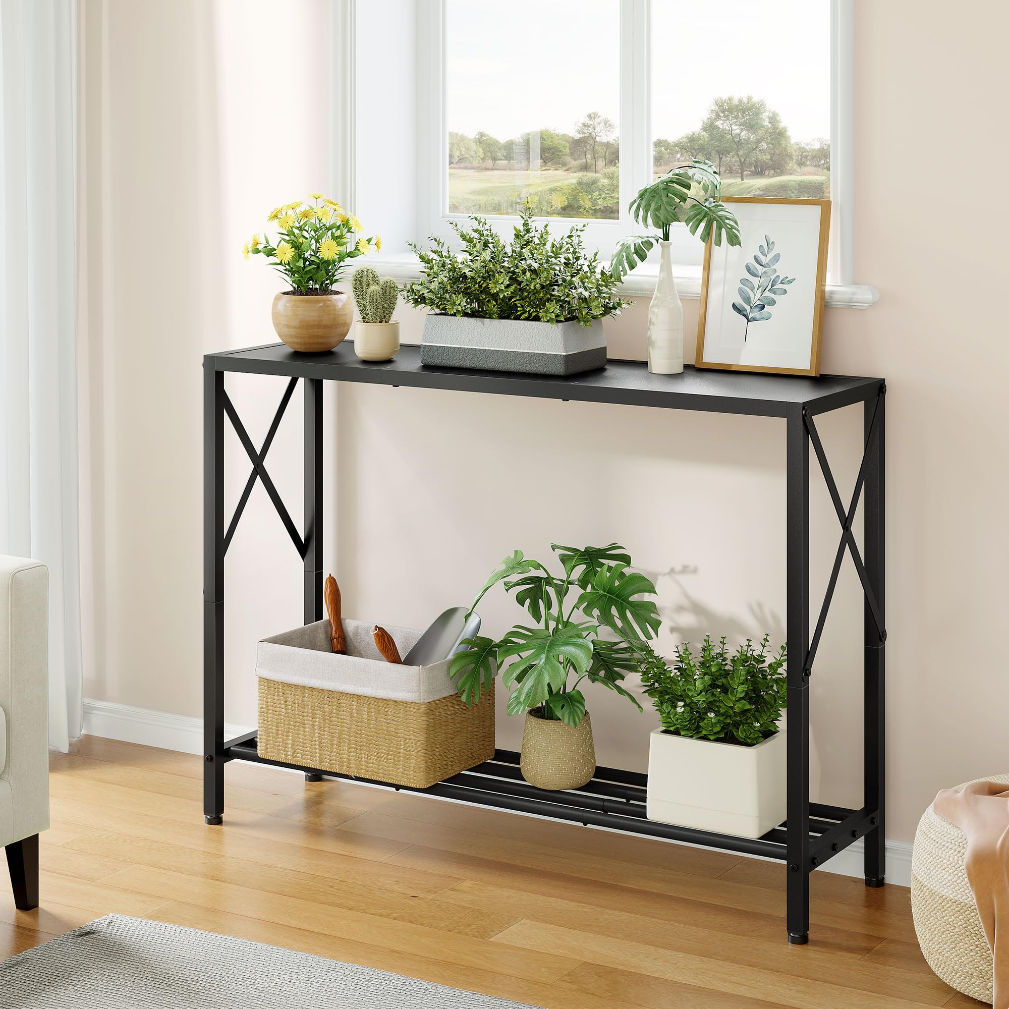 Tajsoon console table behind couch supports decor and daily essentials