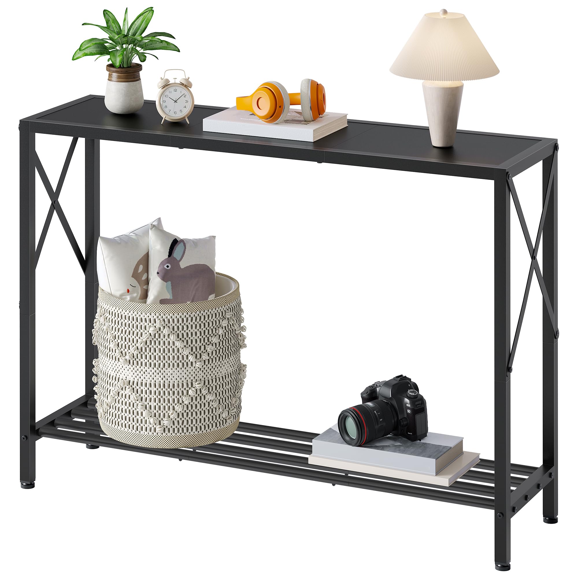 Tajsoon console table front view highlights slim two-tier design for narrow spaces