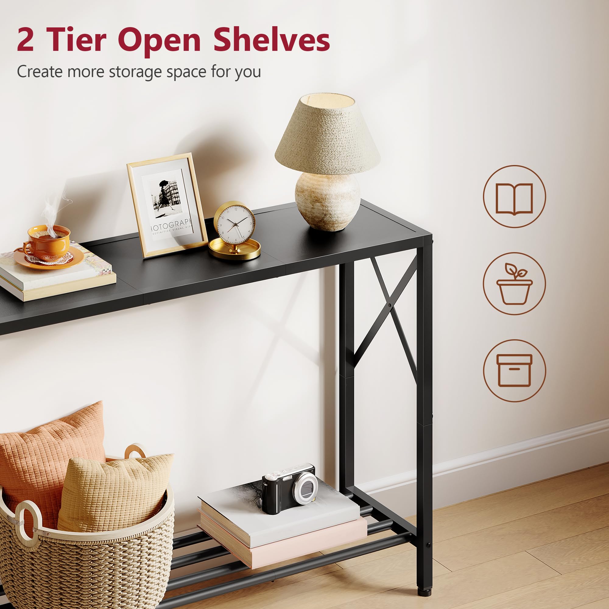 Tajsoon console table shelves close-up reveals sturdy wood and metal construction