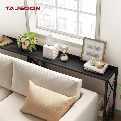 Tajsoon console table side profile shows compact footprint for hallways