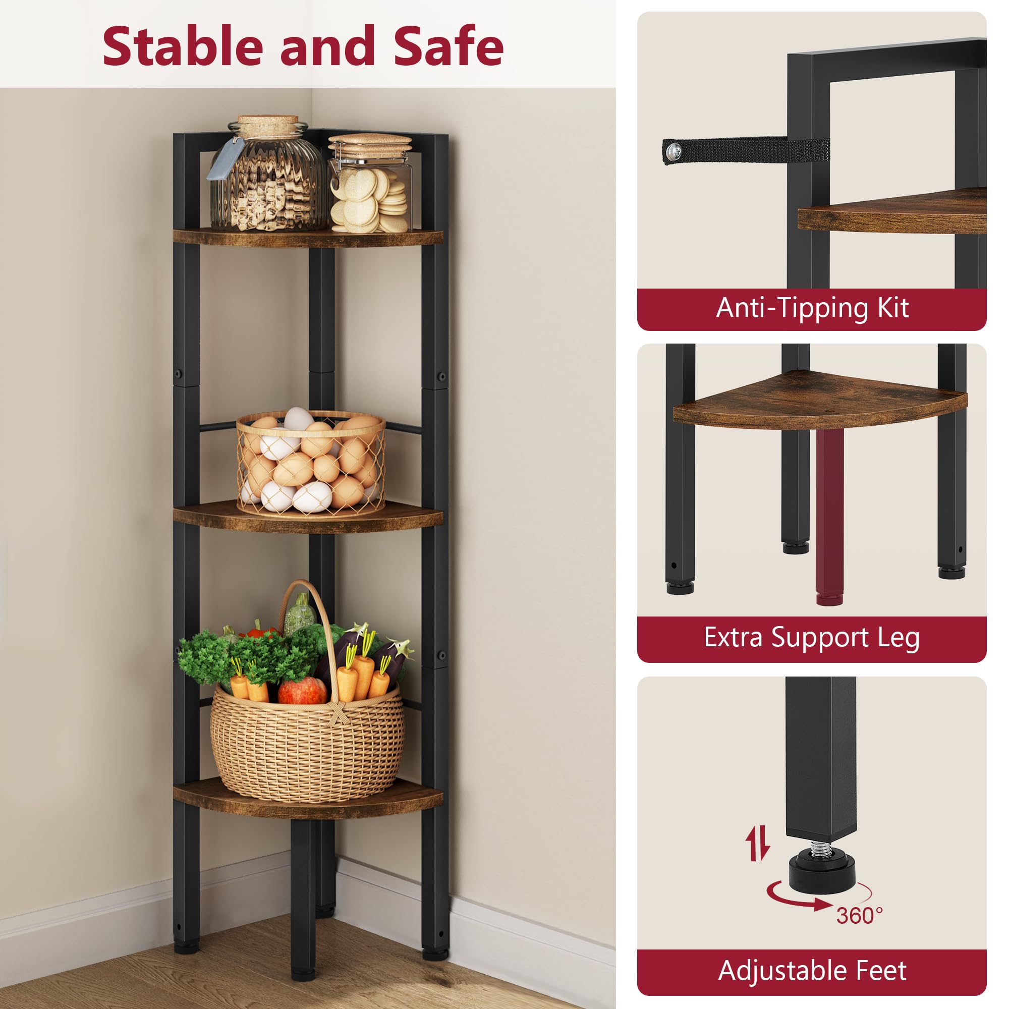 Tajsoon corner shelf anti-tip safety kit secures unit to wall.