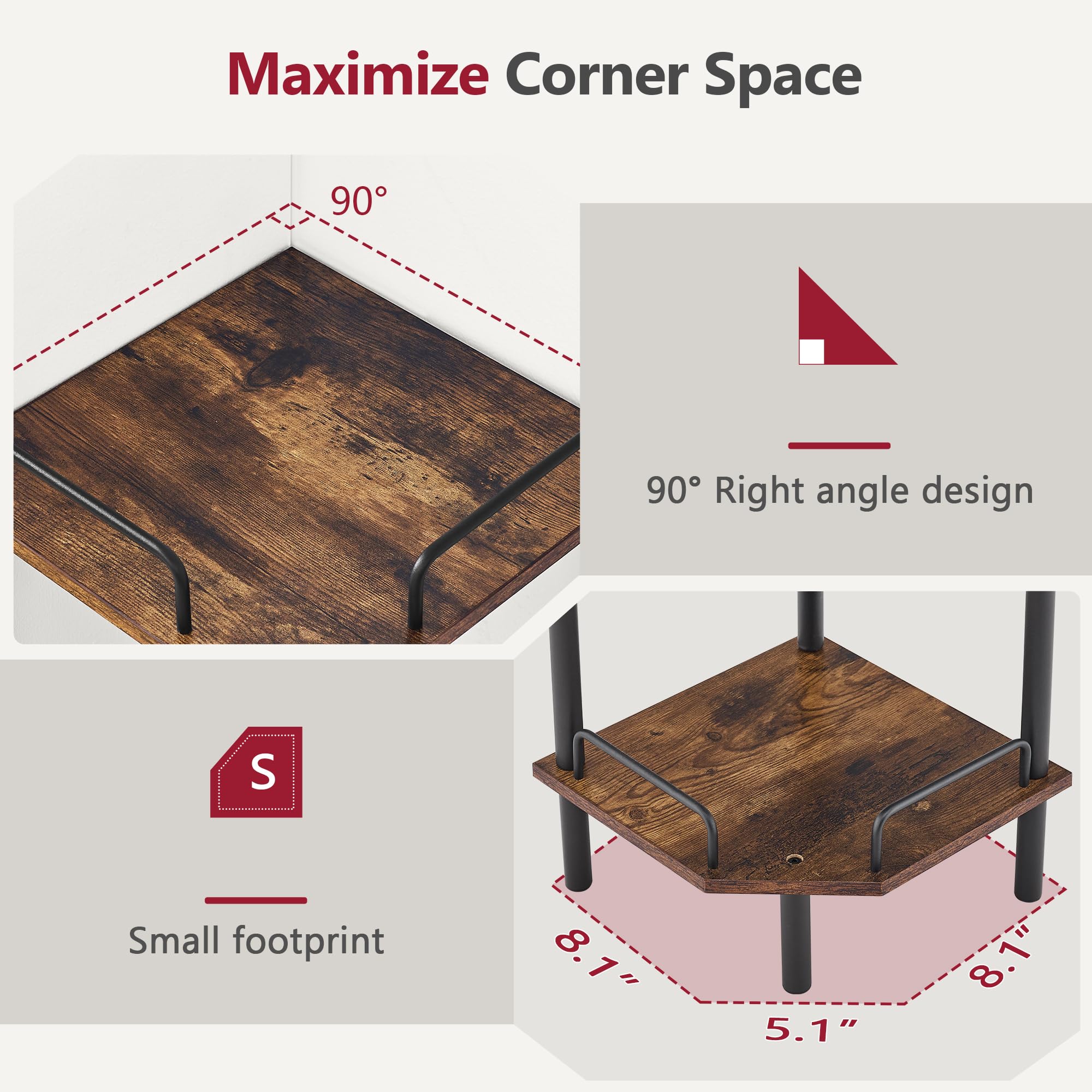 Tajsoon corner shelf stand industrial vintage look enhances room decor.