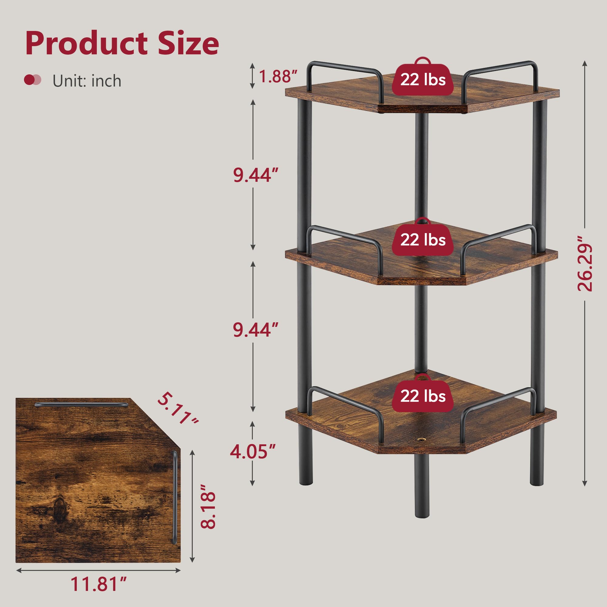 Tajsoon corner shelf stand ideal for bedroom, living room, and office.