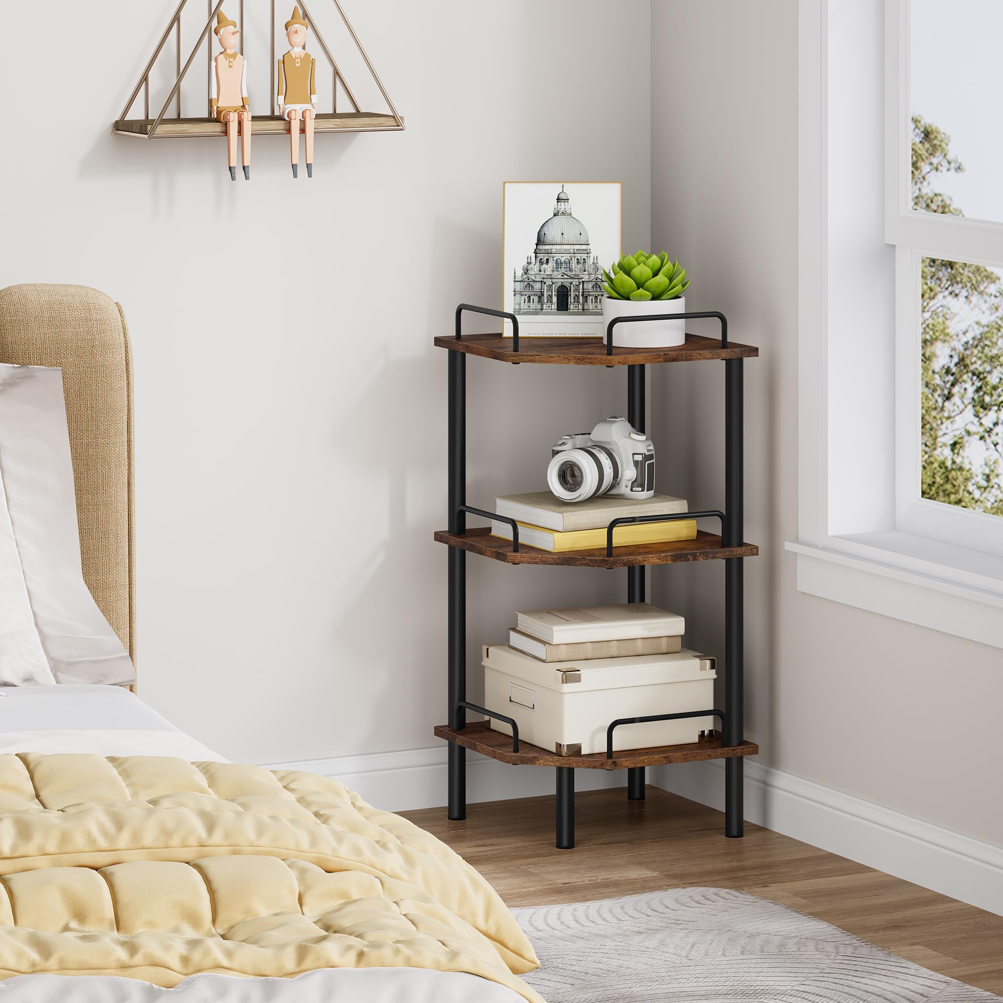 Tajsoon corner shelf stand wall-secured design prevents tipping.