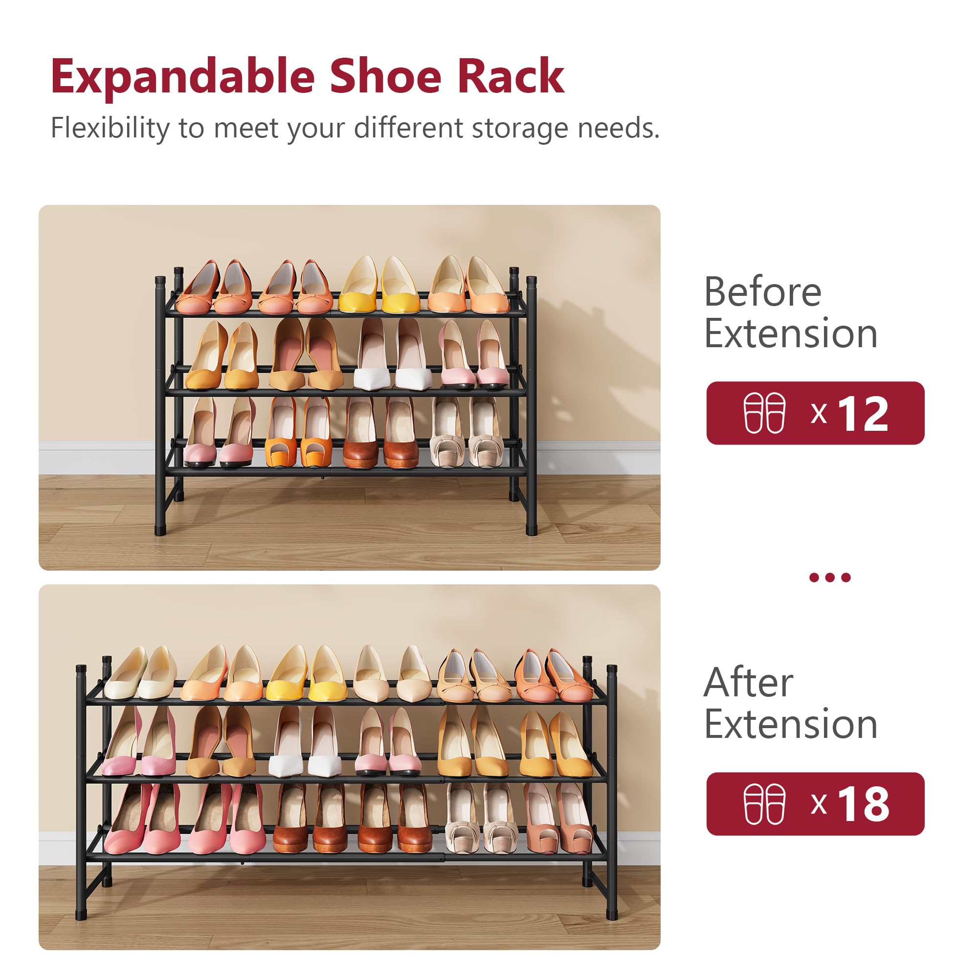 Tajsoon expandable shoe rack anti-slip feet keep stability on various floor surfaces.