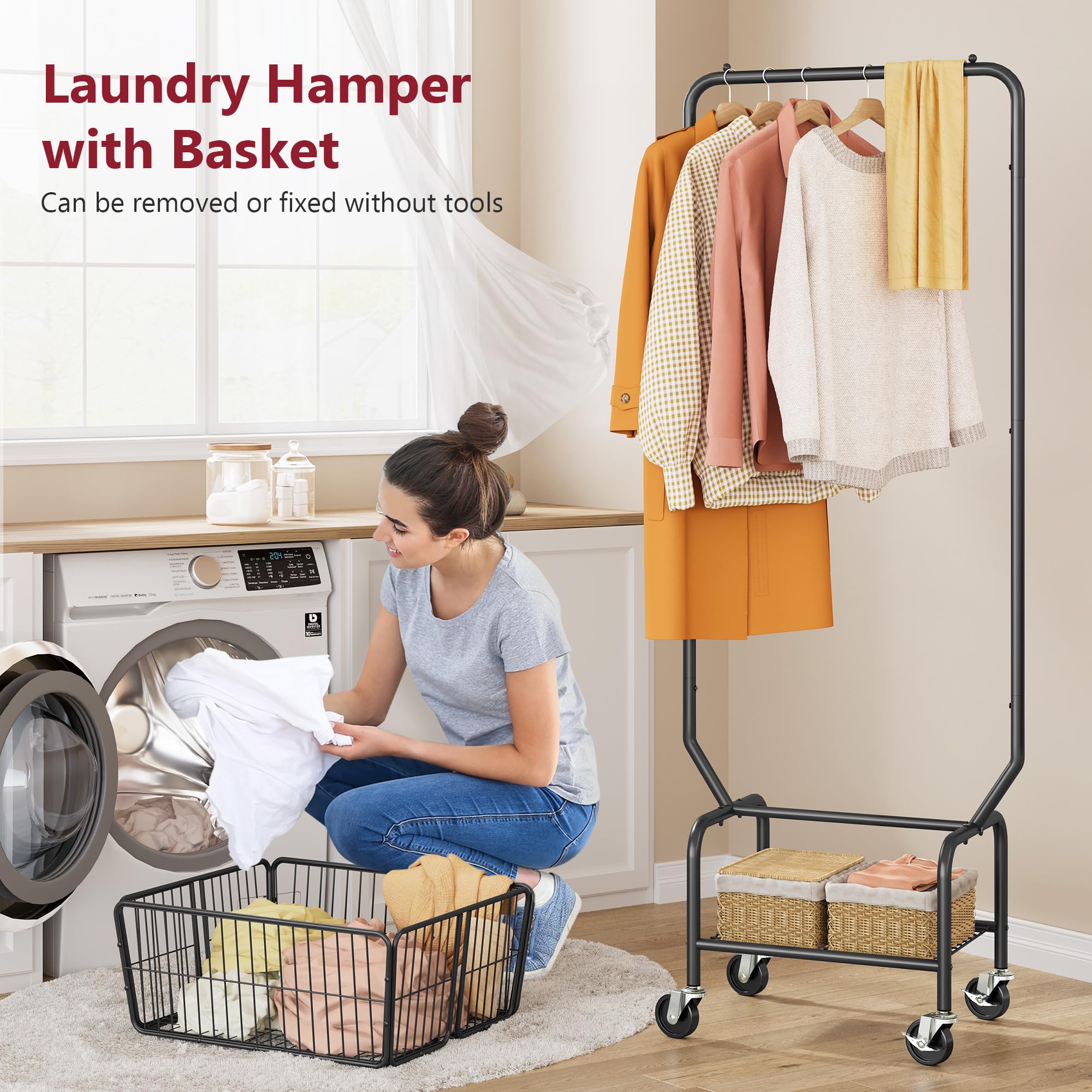 Tajsoon laundry cart hanging rack close-up showing sturdy design and hanger stability.