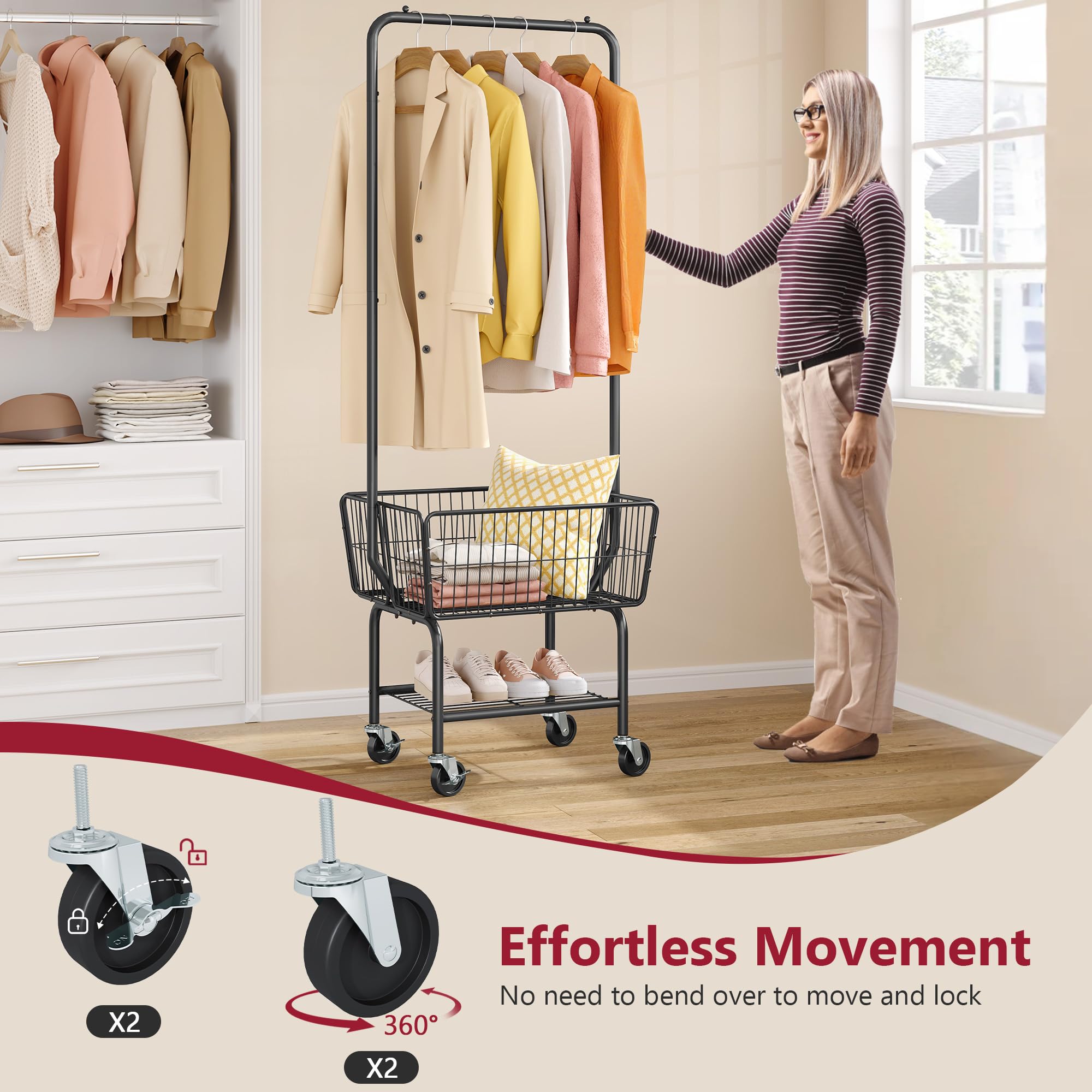 Tajsoon laundry cart wheels in action for easy moving between rooms.