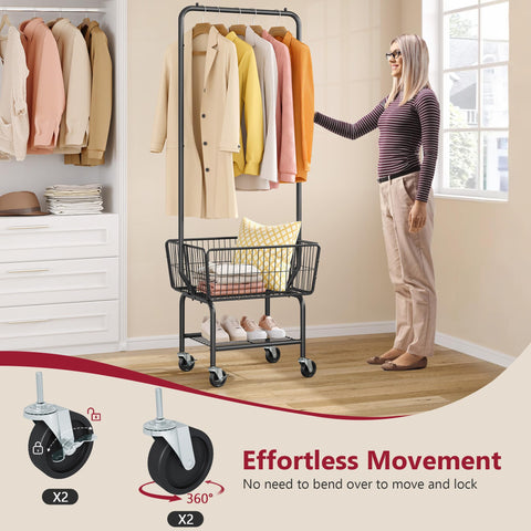 Tajsoon laundry cart wheels in action for easy moving between rooms.
