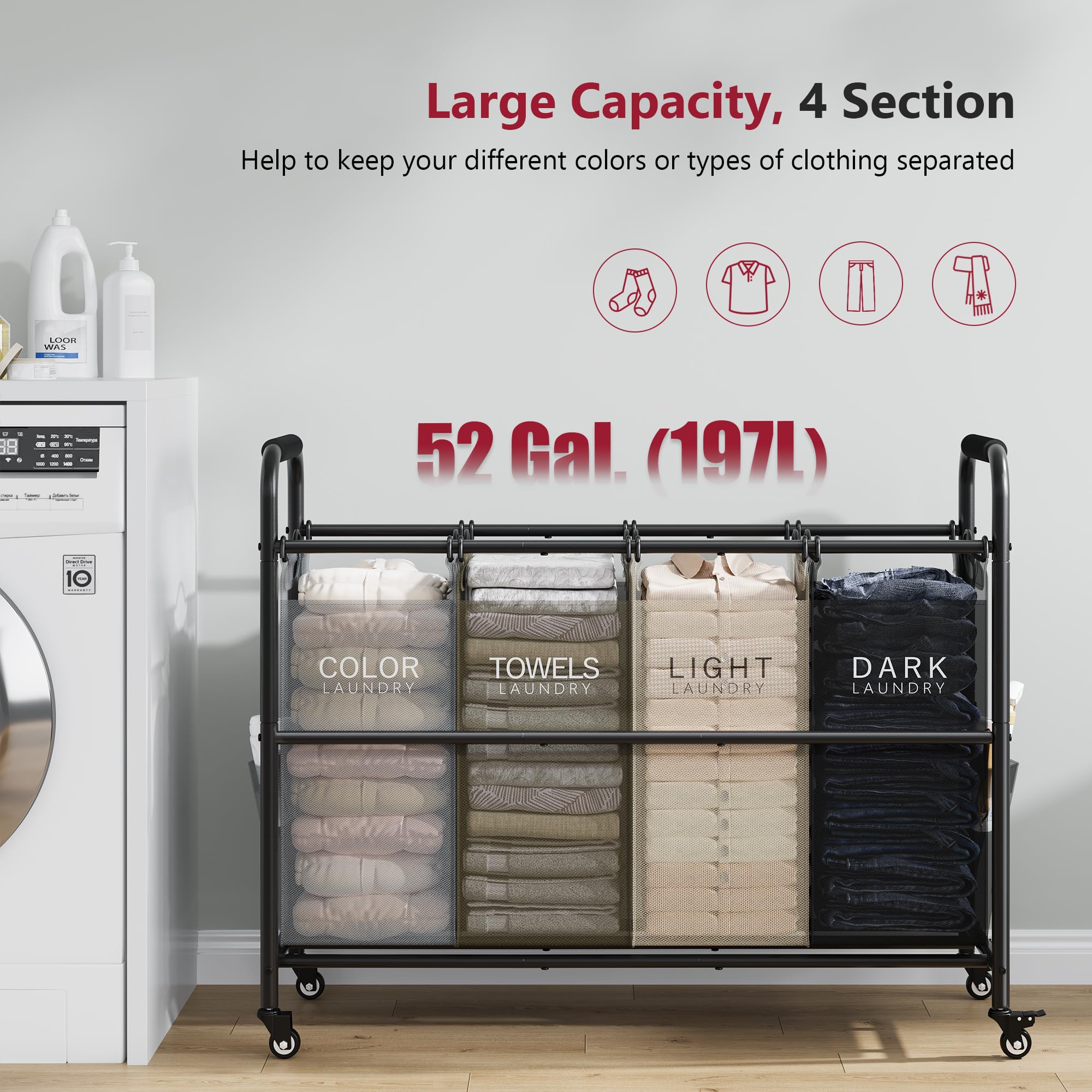 Tajsoon laundry sorter wheels with brakes ensure stable positioning when needed