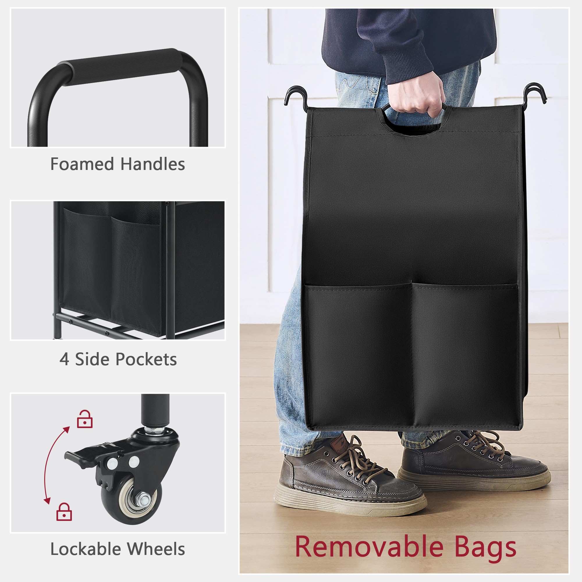 Tajsoon laundry sorter wheels include lockable casters for easy relocation.