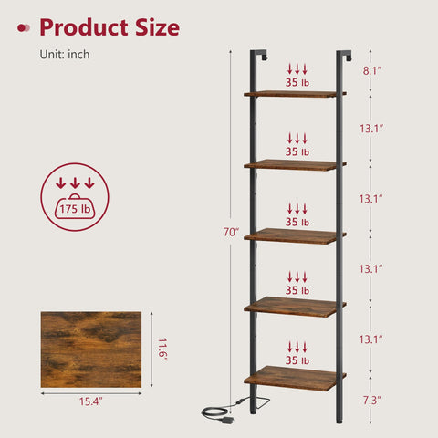 Rustic brown Tajsoon wall-mounted ladder shelf displayed in a cozy corner.