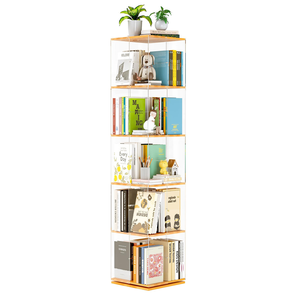 TAKEKIT 5-tier rotating bookshelf with clear acrylic displaying books neatly