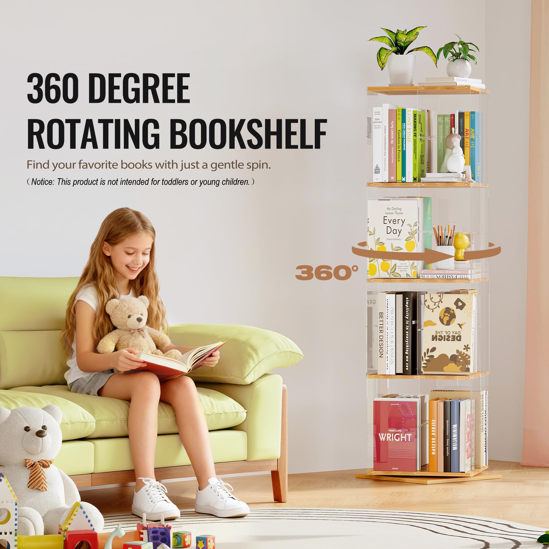 TAKEKIT clear acrylic and solid wood construction highlights a modern, space-saving display